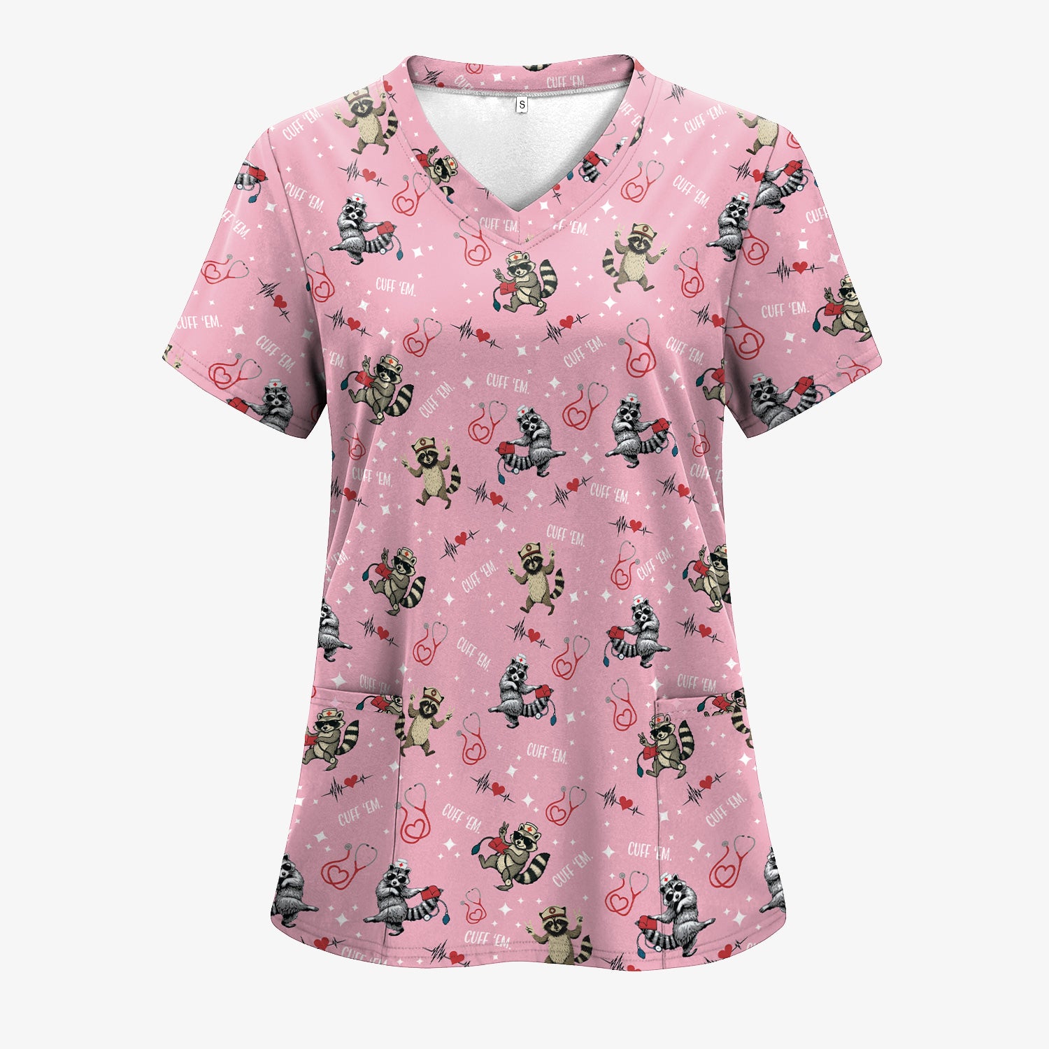Cuff ‰Û÷Em Raccoon Nurse Shirt - Funny Medical Scrub T-Shirt for CNA EMT LPN - Cute All Over Print Gift for Healthcare Workers
