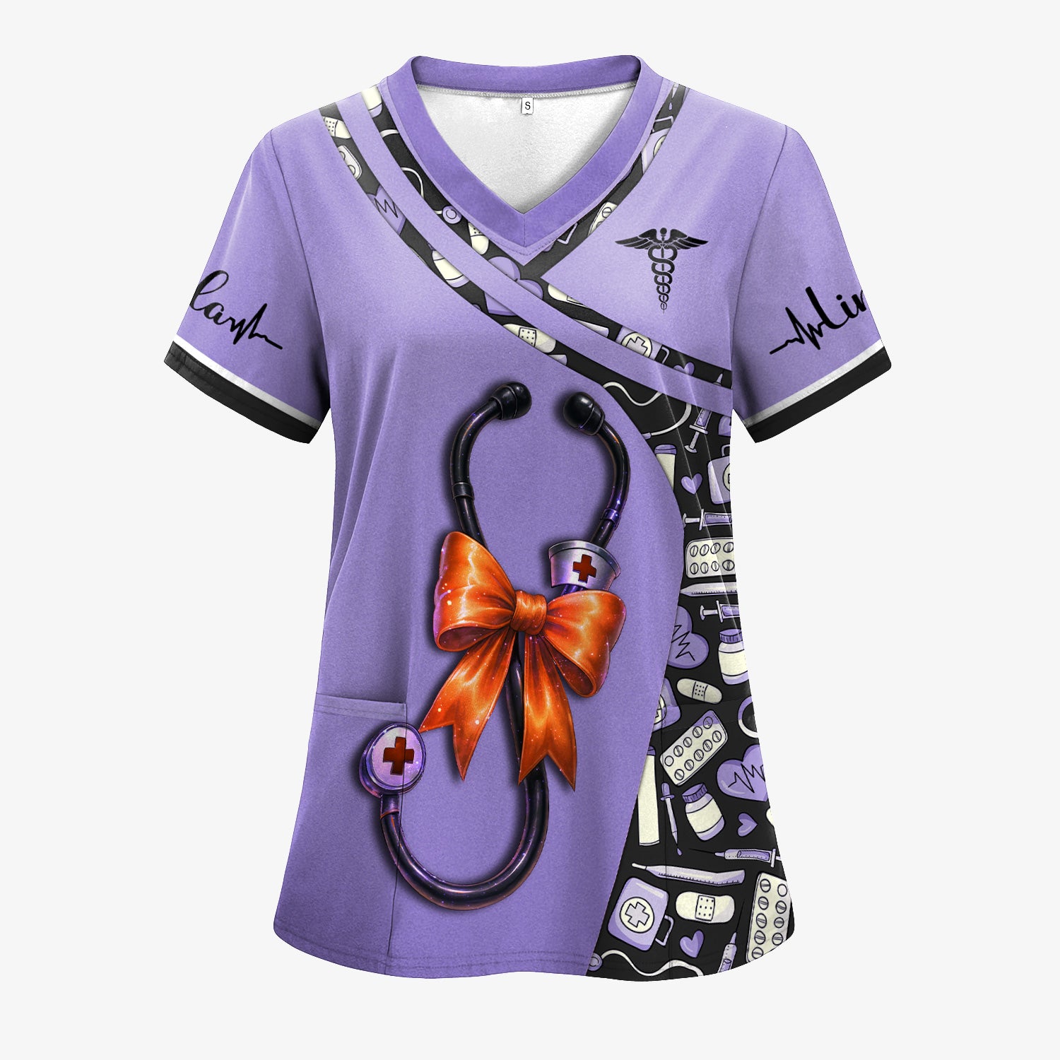 Personalized Halloween Nurse Shirt for Women - Stethoscope Scrub Top with Bow Design - Custom Name RN LPN CNA Gift