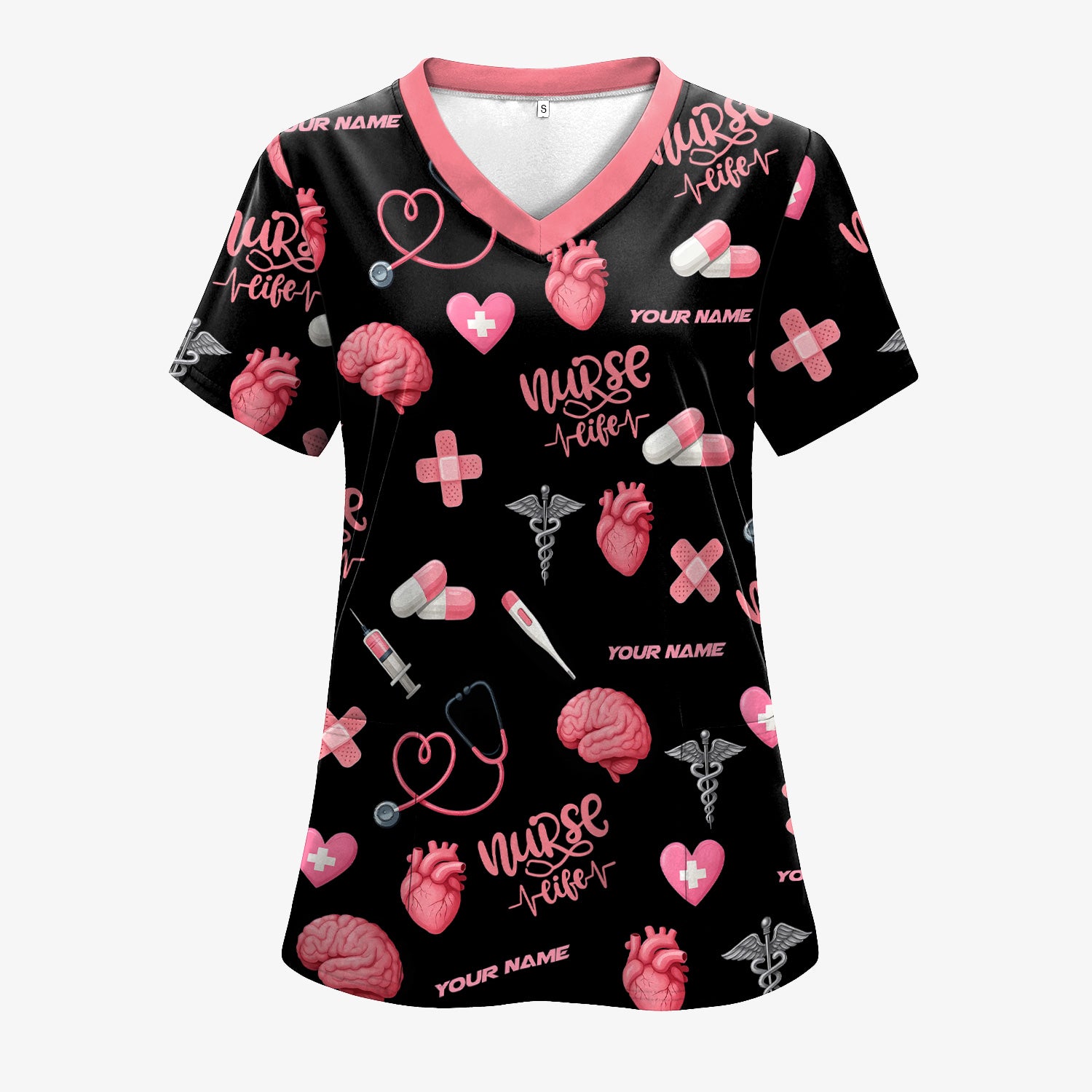 Personalized Nurse Life Shirt - Cute Medical Pattern with Heart Brain Pills Stethoscope - Custom Name Gift for RN CNA LPN Women in Healthcare and Nursing Profession
