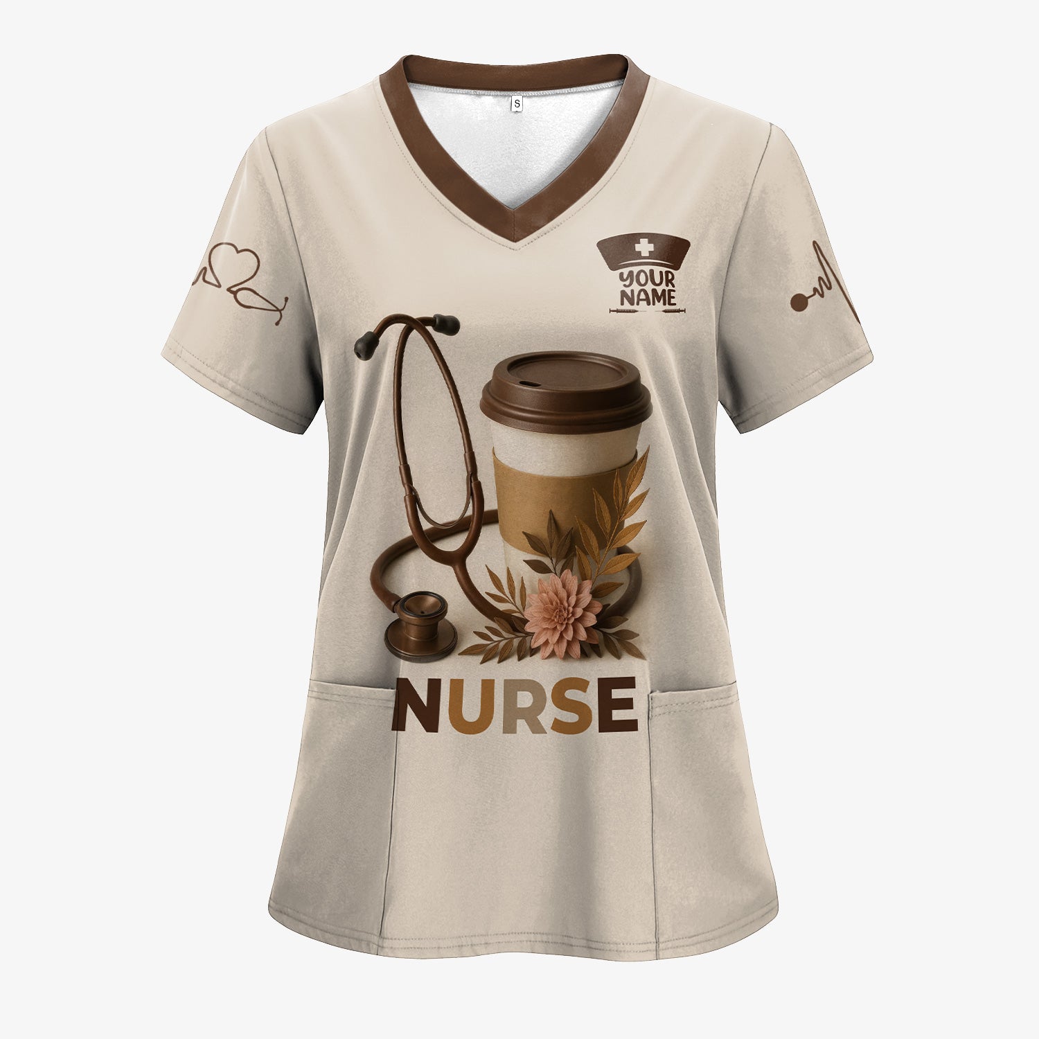 Personalized Coffee Nurse Shirt - Brown Stethoscope Floral Design - Cute Gift for RN LPN CNA Women