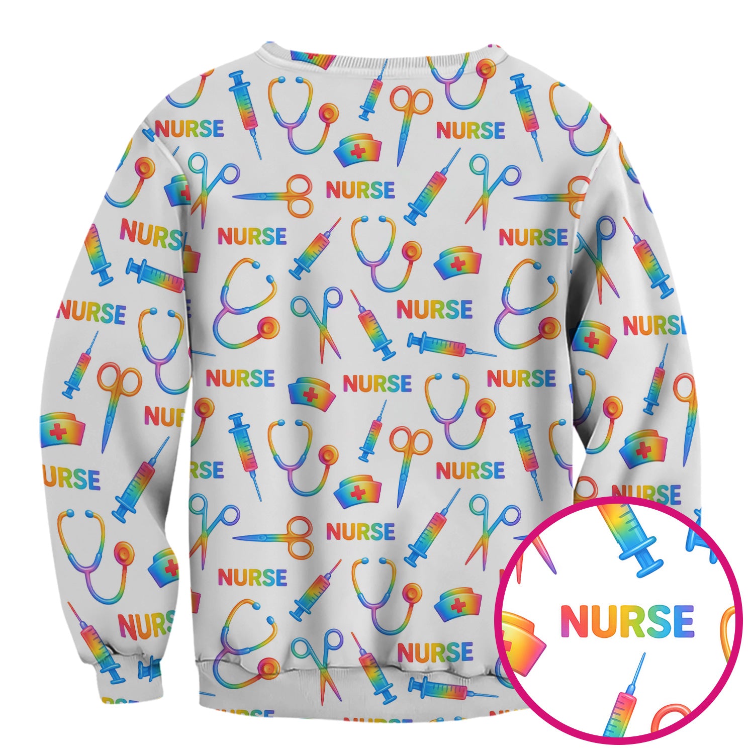 Colorful Nurse Scrub Top for Women - Rainbow Syringe and Scissors Pattern - Fun Medical Scrubs Shirt Gift for RN LPN CNA