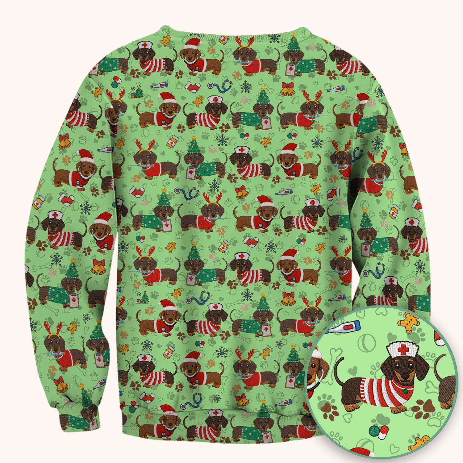 Christmas Wiener Dog Scrub Top for Nurses - Cute Dachshund Medical Shirt - Fun Holiday Scrubs Gift for Women RN CNA LPN
