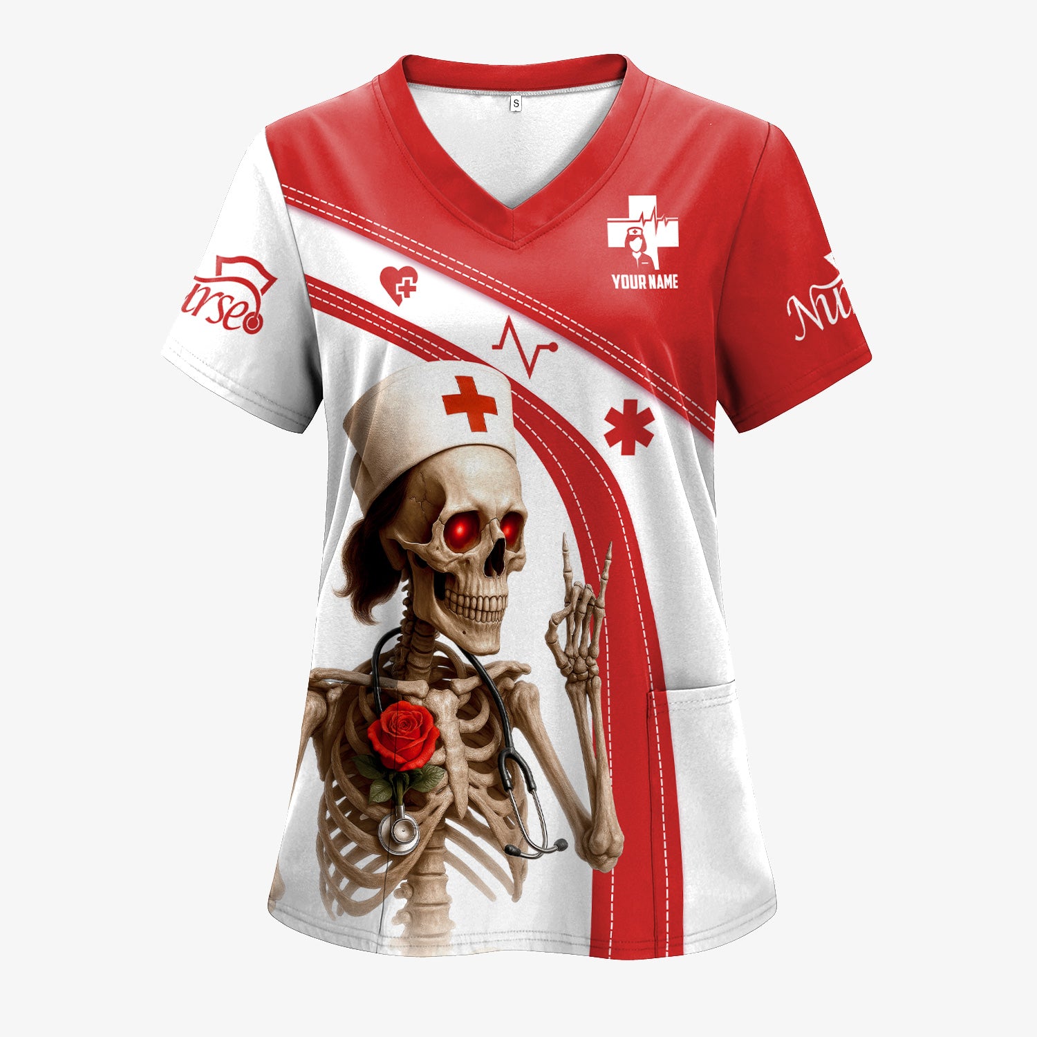 Funny Skeleton Nurse Shirt Personalized with Name - Dark Humor Gift for RN CNA LPN - Red White Scrubs Quote Tee for Healthcare Workers - Healthcare Dark Humor Tee