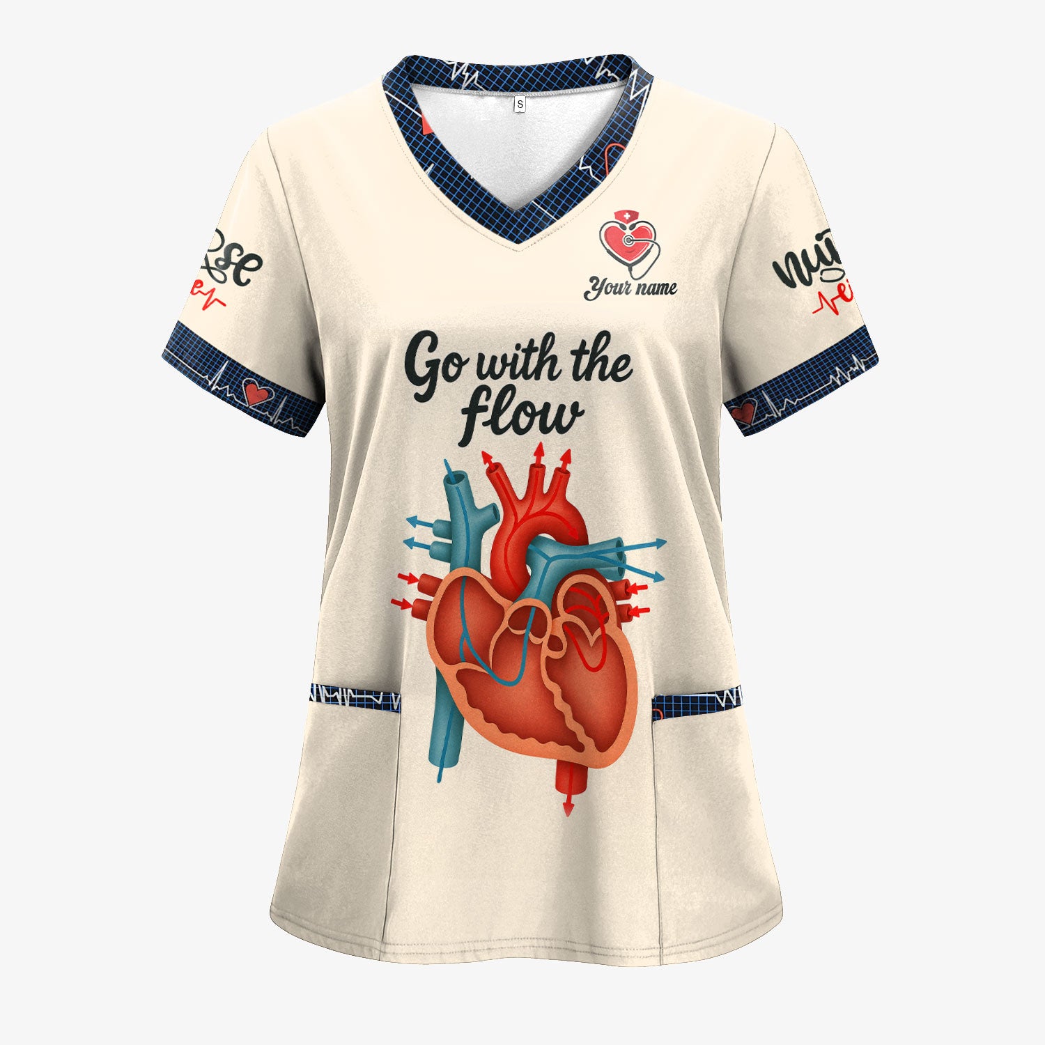 Go With The Flow Nurse Medical Scrub Shirt - Custom Funny Heart Anatomy Design for RN LPN CNA - Gift for Healthcare Workers