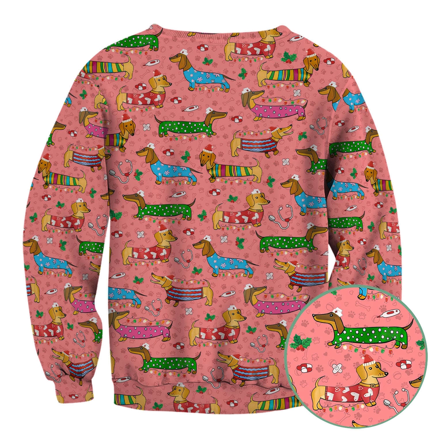 Christmas Scrub Top for Women - Funny Dachshund Nurse Shirt - Cute Holiday Medical Uniform Gift for RN LPN CNA