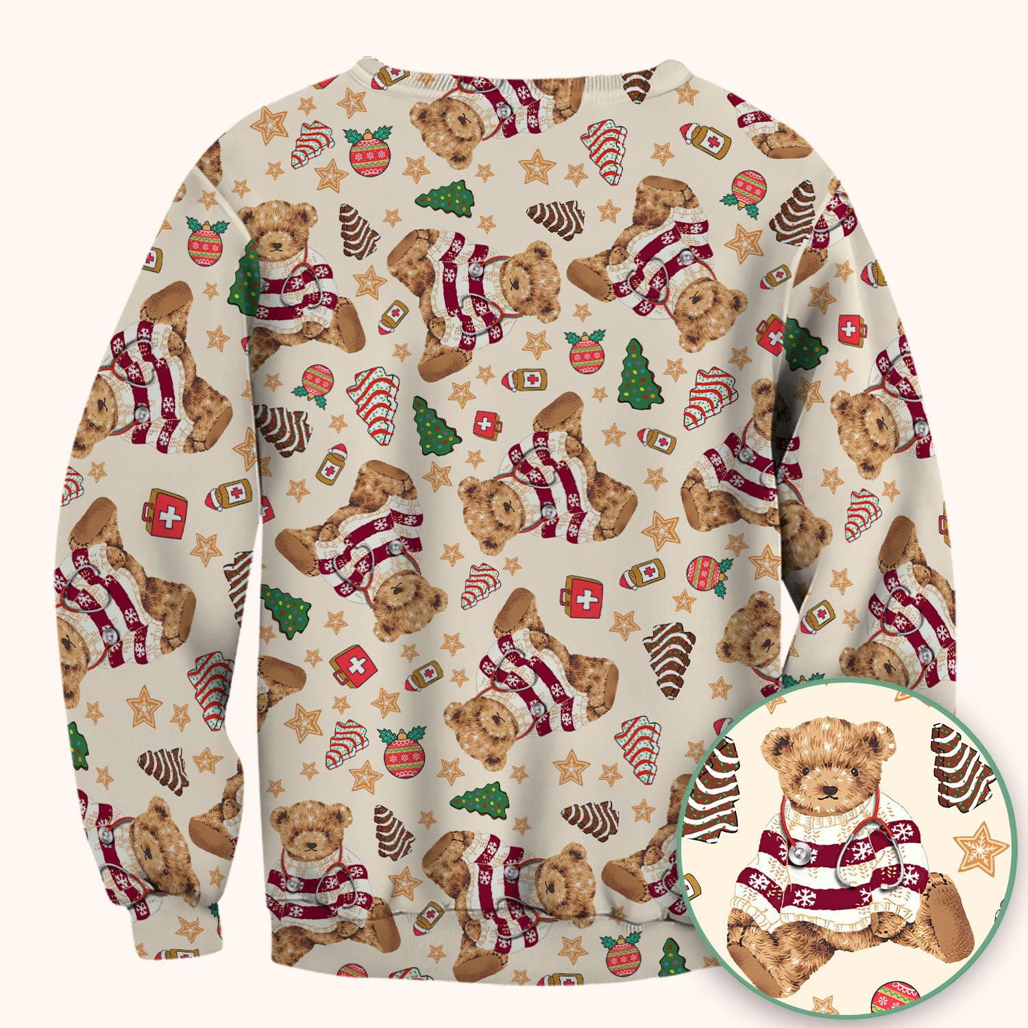 Christmas Teddy Bear Scrub Top for Nurses - Cozy Holiday Pattern with Cute Bear and Medical Icons - Festive Scrubs for Women