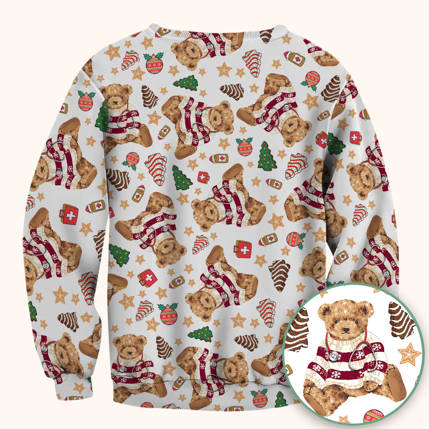 Christmas Teddy Bear Scrub Top for Nurses - Cozy Holiday Pattern with Cute Bear and Medical Icons - Festive Scrubs for Women