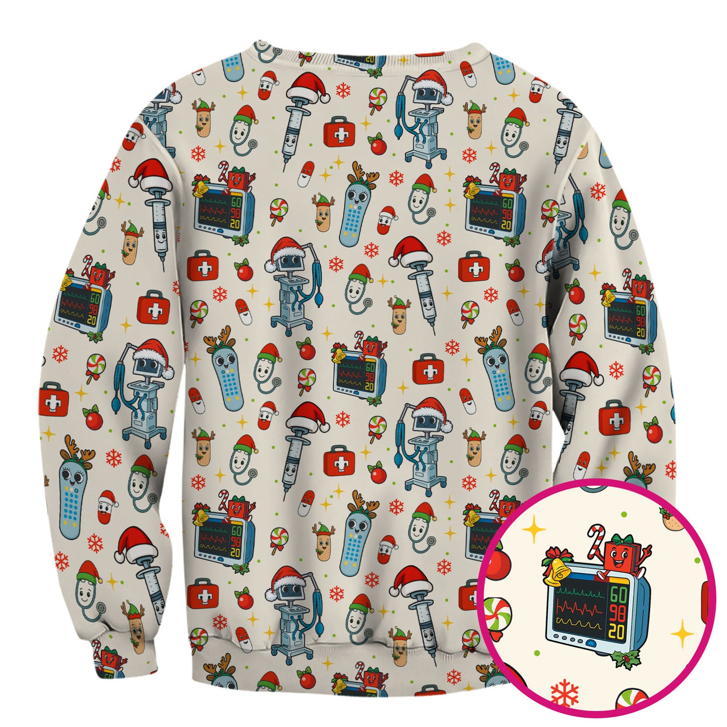 Christmas Scrub Top for Women - Funny Nurse Pattern with Robot & Reindeer - Festive Medical Shirt for Holiday Shifts