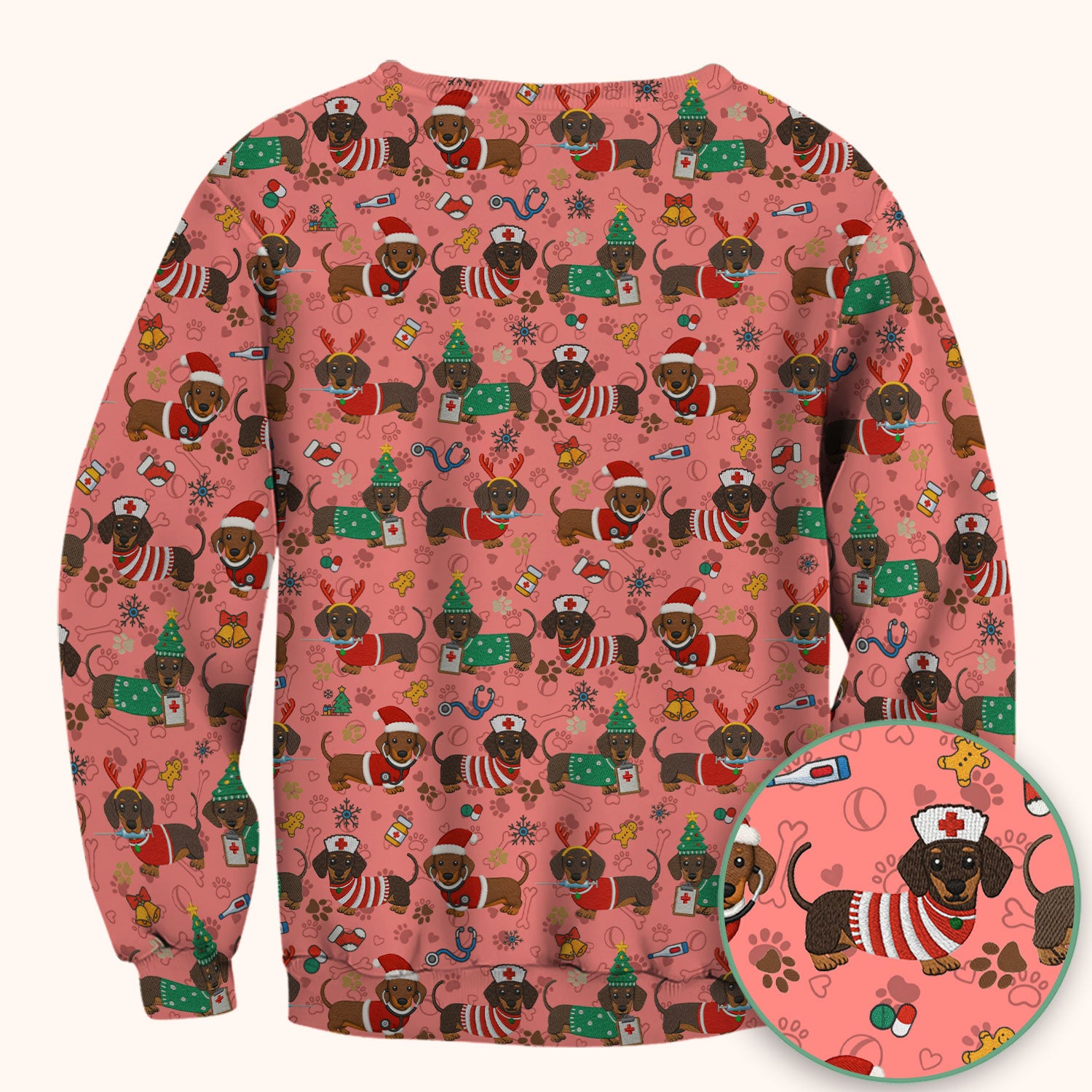 Christmas Wiener Dog Scrub Top for Nurses - Cute Dachshund Medical Shirt - Fun Holiday Scrubs Gift for Women RN CNA LPN