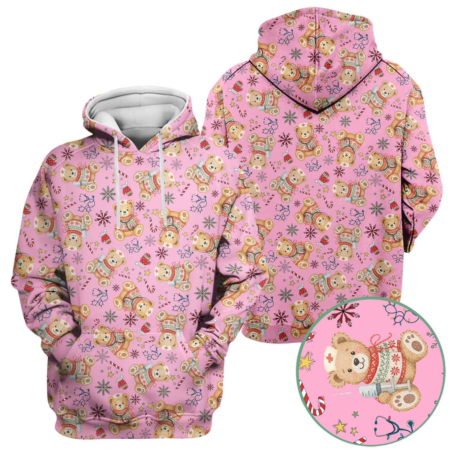 Christmas Teddy Bear Nurse Scrub Top for Women - Cute Holiday Medical Shirt RN LPN CNA Gift - Festive Nursing Uniform