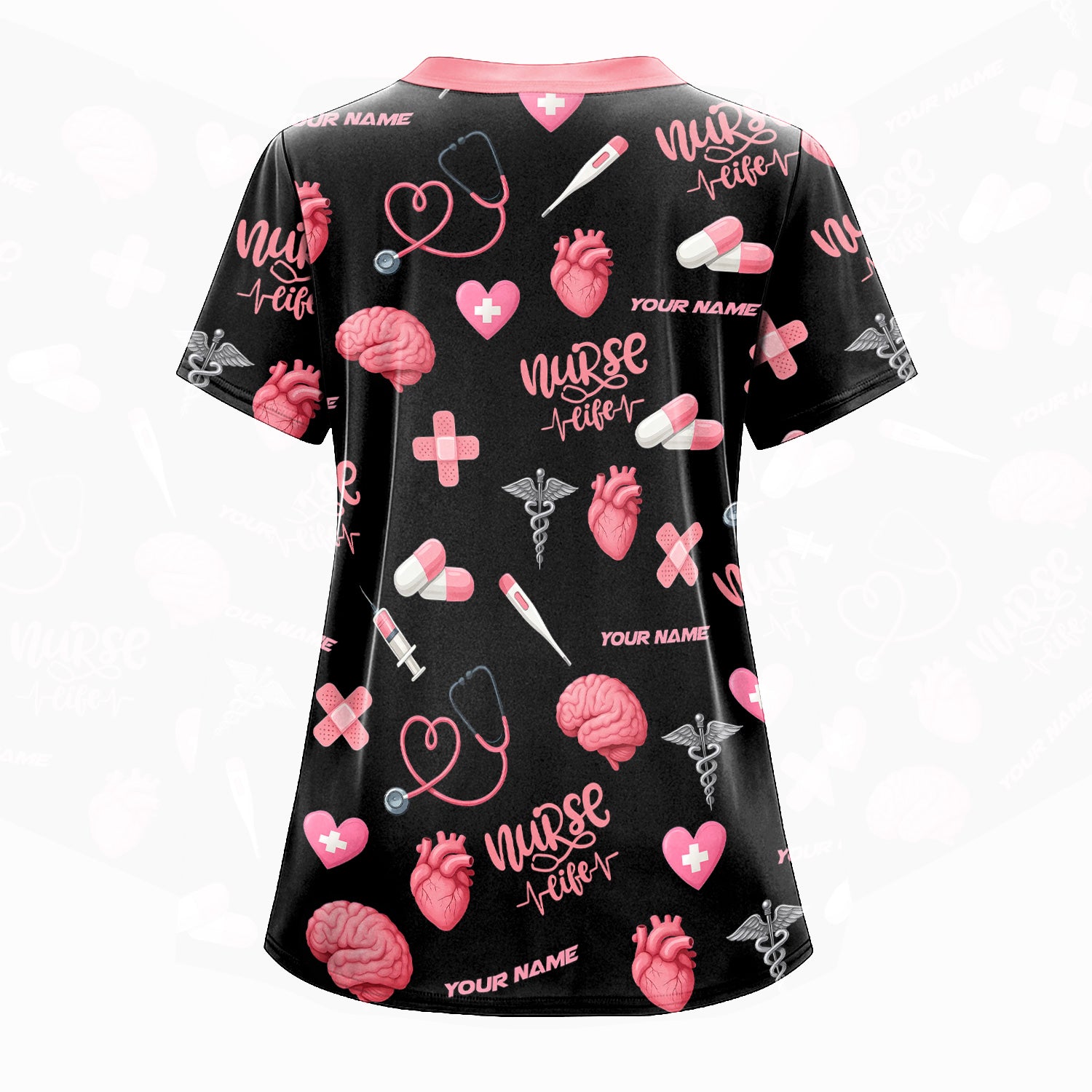 Personalized Nurse Life Shirt - Cute Medical Pattern with Heart Brain Pills Stethoscope - Custom Name Gift for RN CNA LPN Women in Healthcare and Nursing Profession