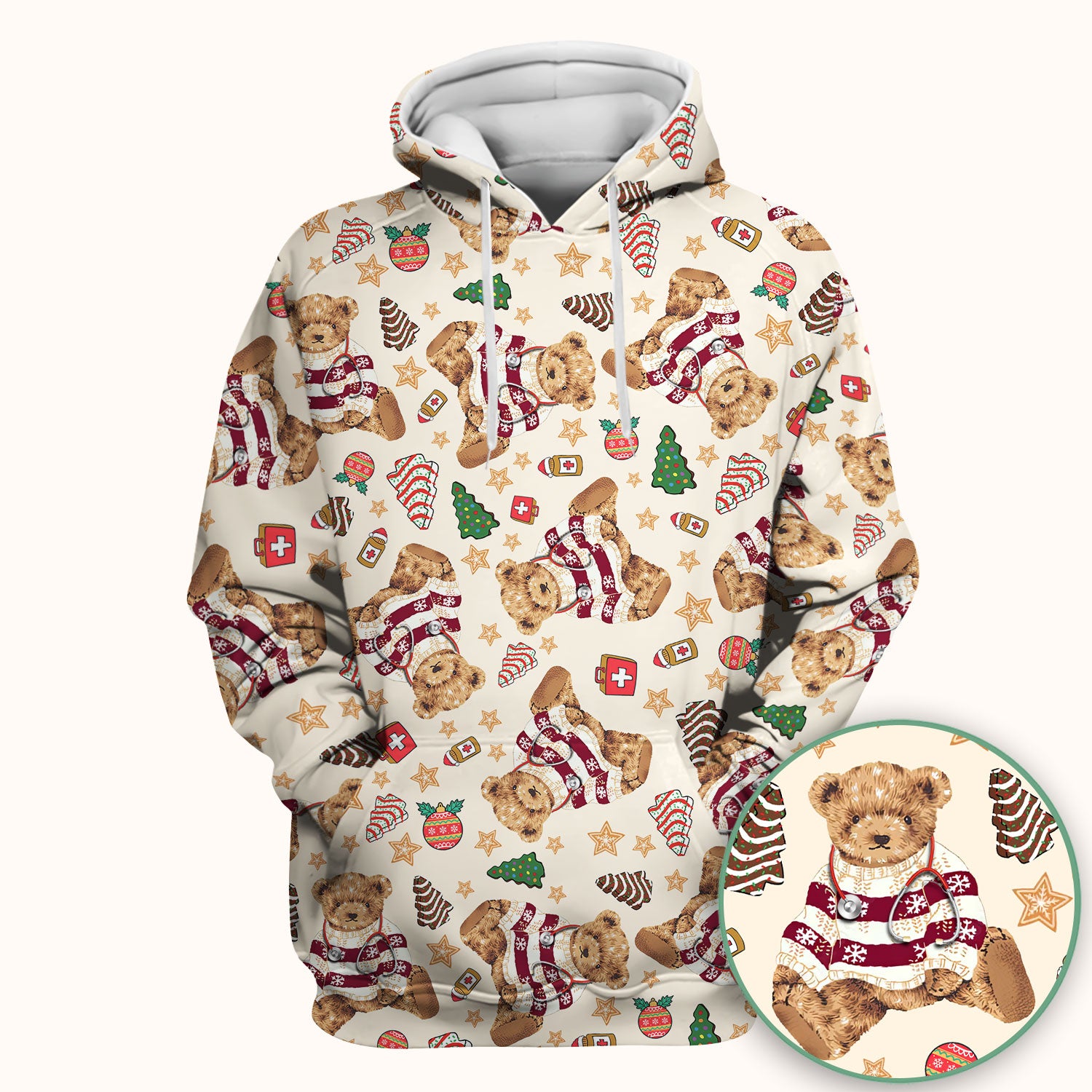Christmas Teddy Bear Scrub Top for Nurses - Cozy Holiday Pattern with Cute Bear and Medical Icons - Festive Scrubs for Women
