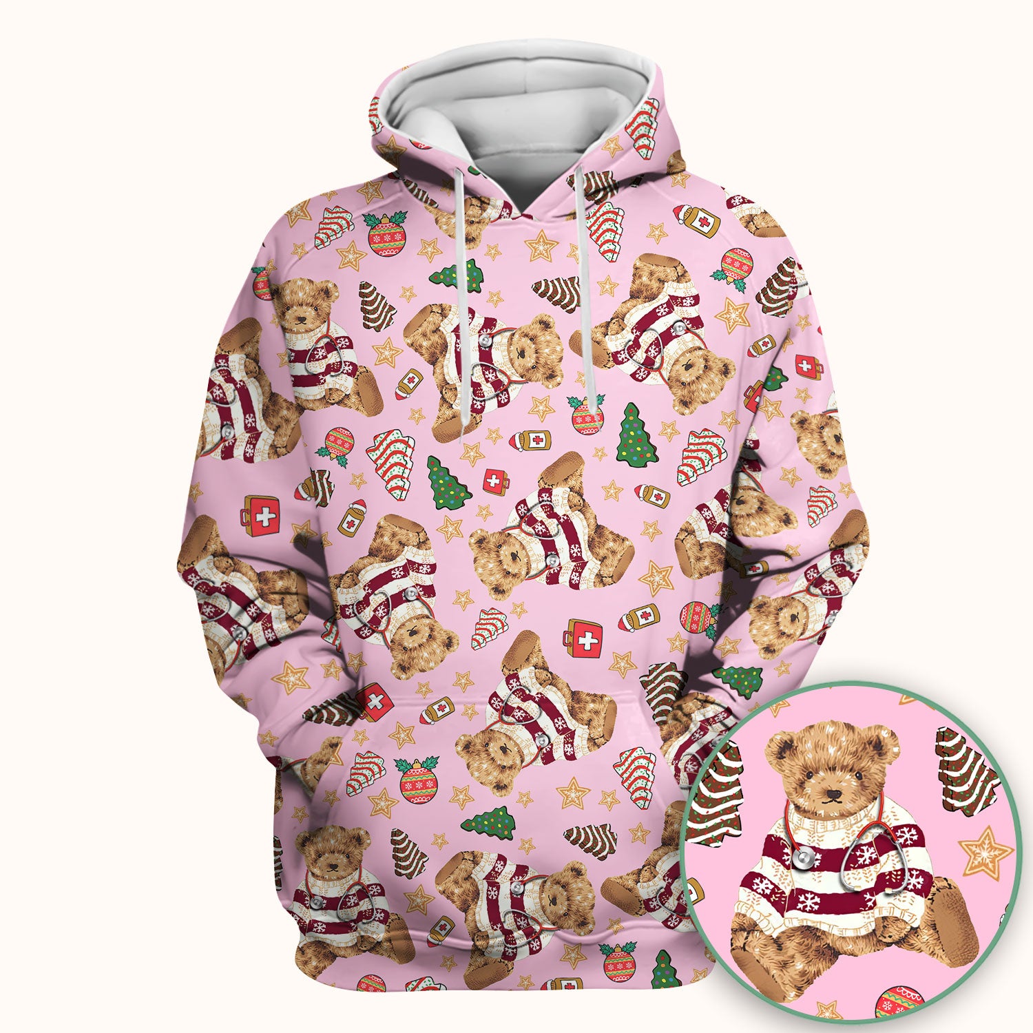 Christmas Teddy Bear Scrub Top for Nurses - Cozy Holiday Pattern with Cute Bear and Medical Icons - Festive Scrubs for Women