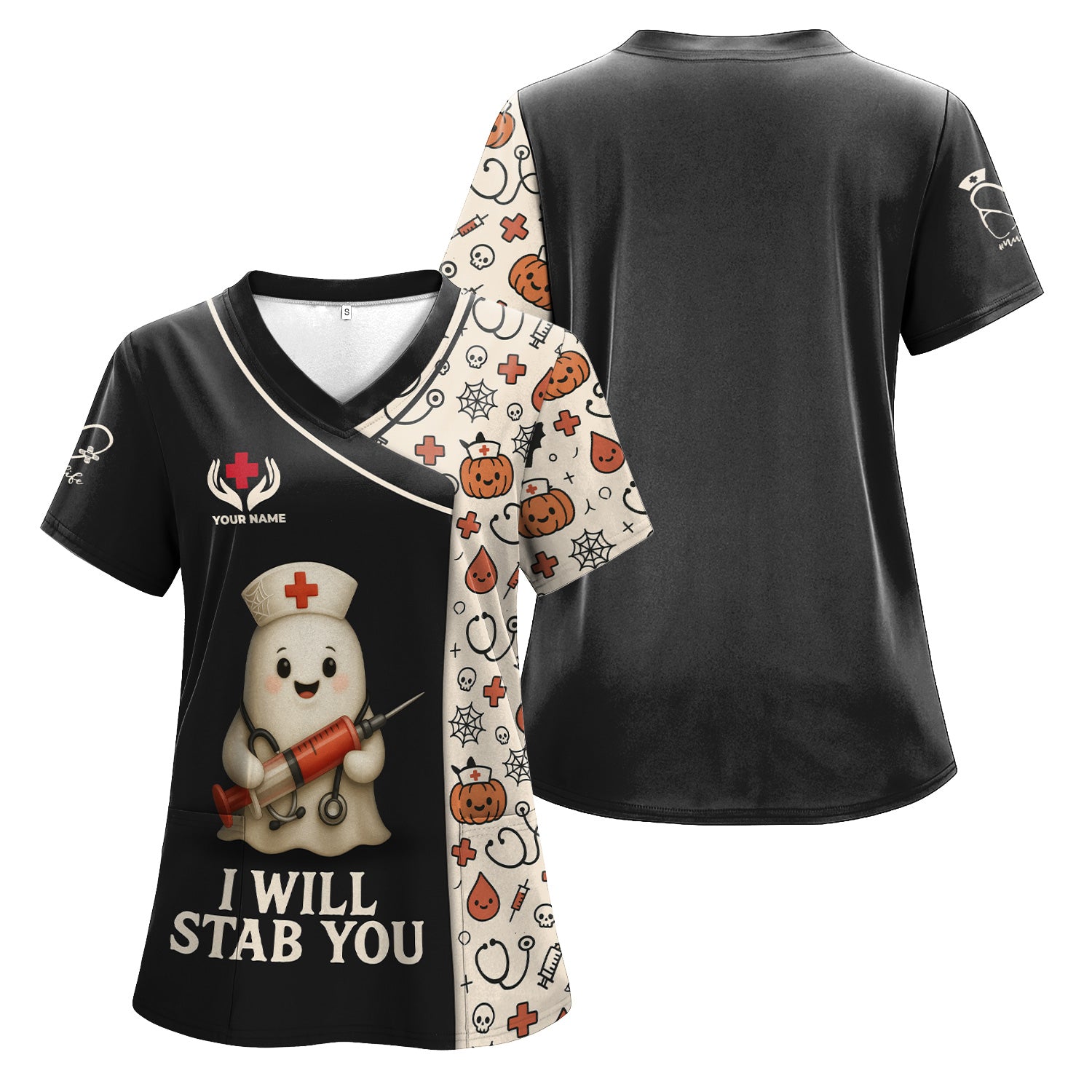 Personalized Funny Halloween Nurse Scrub Top - I Will Stab You Ghost with Syringe for Women RN LPN CNA - Gift for Healthcare Worker