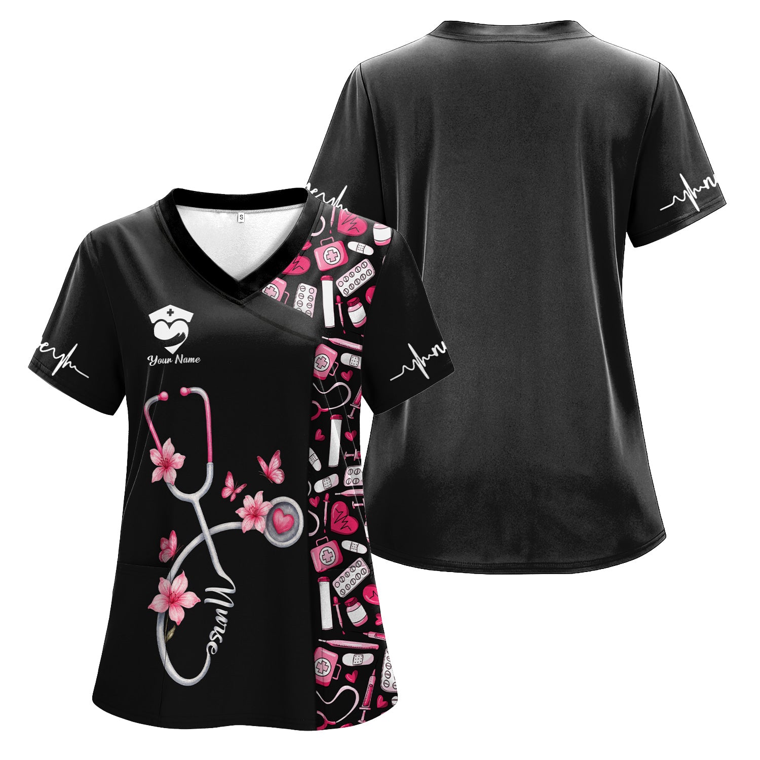 Custom Cute Floral Nurse Scrub Top for Women - Medical Uniform with Stethoscope Design - Comfortable Workwear for RN, CNA, LPN, Medical Staff