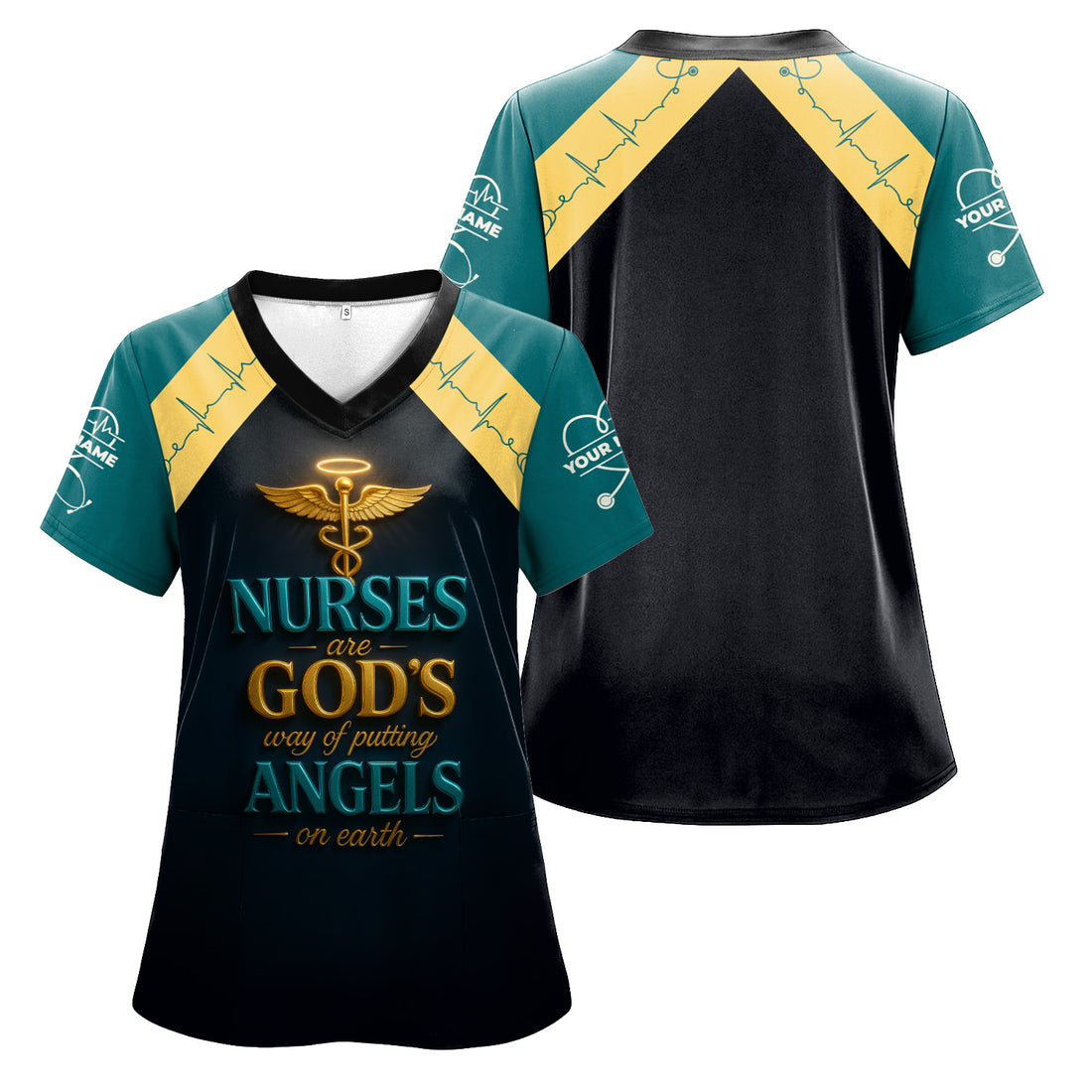 Custom Faith Nurse Angel Scrub - Golden Caduceus & Heartbeat Graphic Design - Gift for Women RN LPN CNA