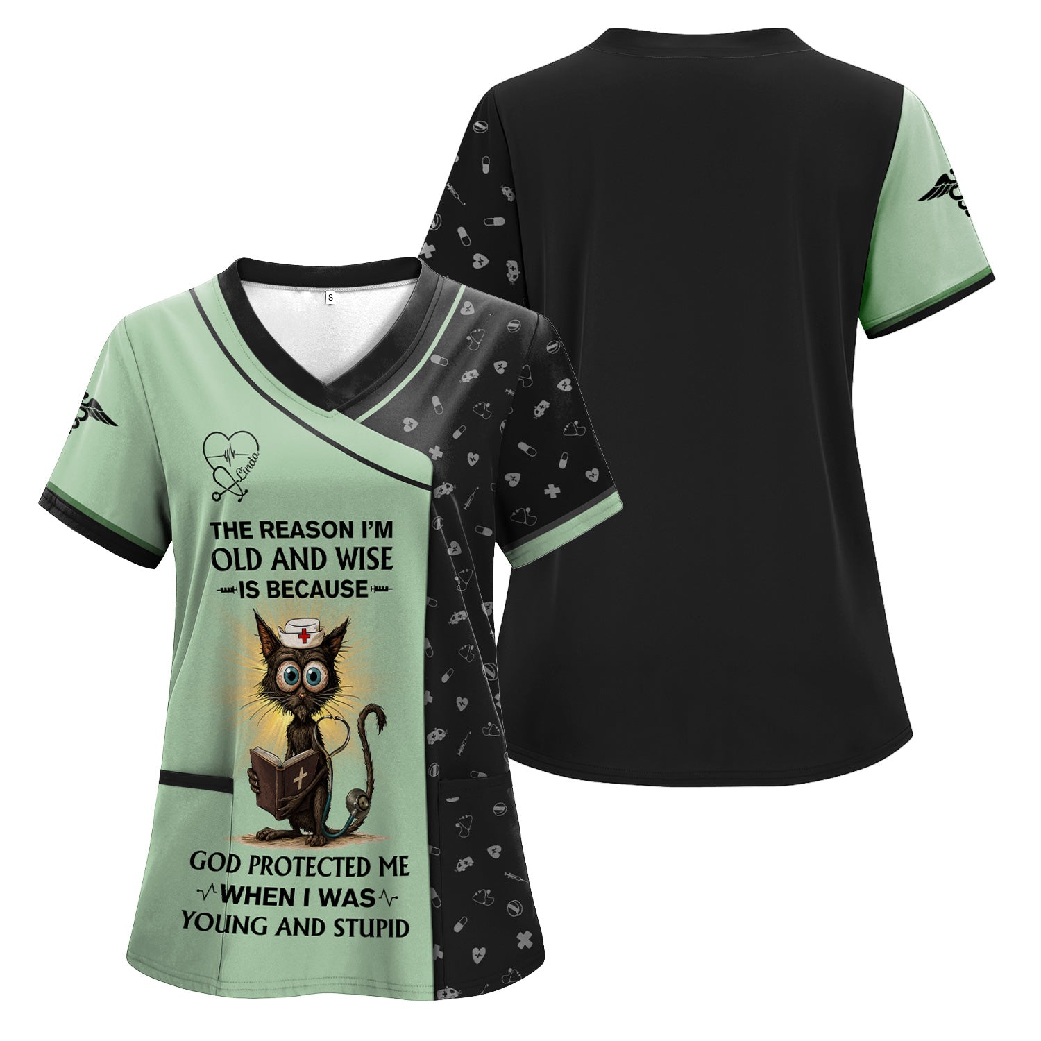 Personalized Funny Christian Nurse Shirt with Cat Design - God Protected Me Quote - Custom Name RN LPN CNA Gift