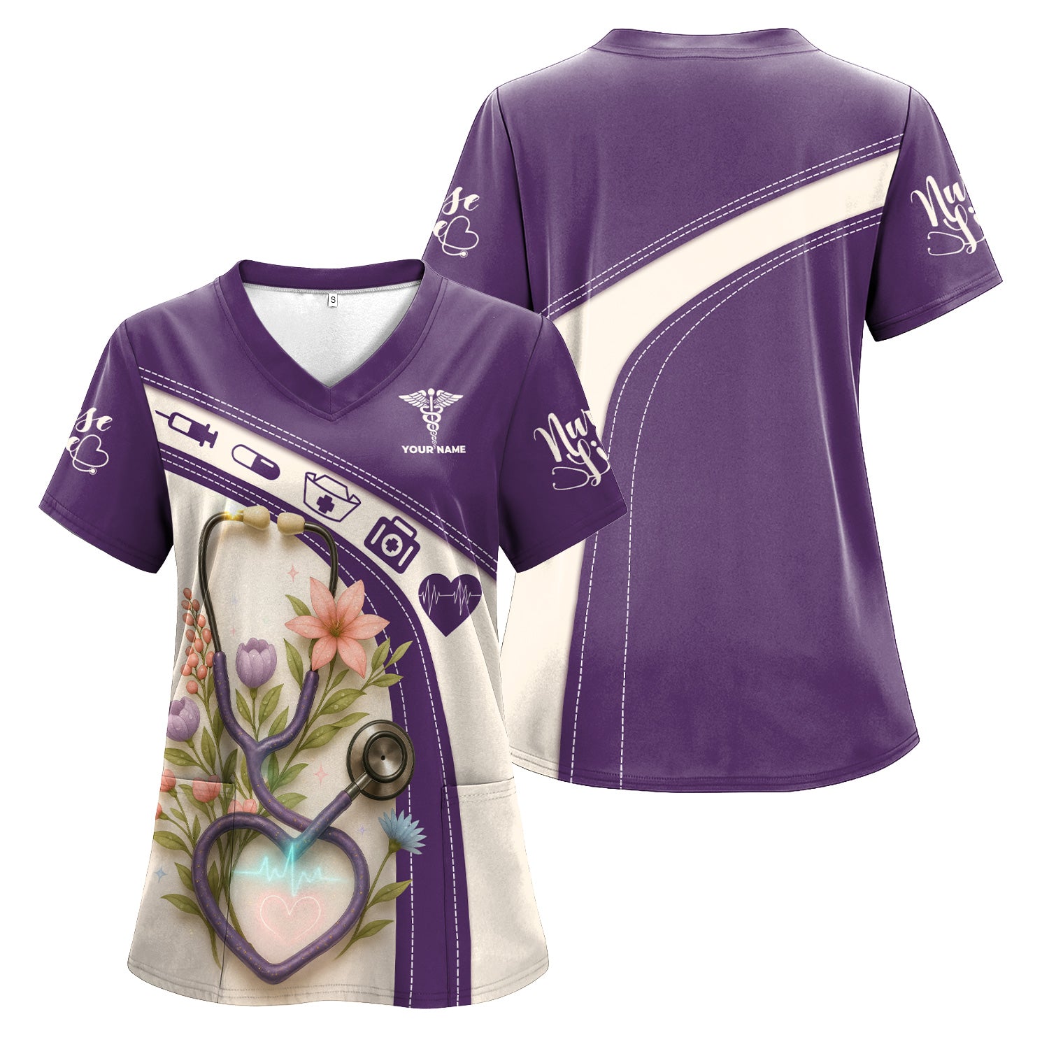 Custom Floral Scrub Top for Nurses - Heartbeat Stethoscope Purple Shirt - Personalized Medical Uniform Gift for RN CNA LPN