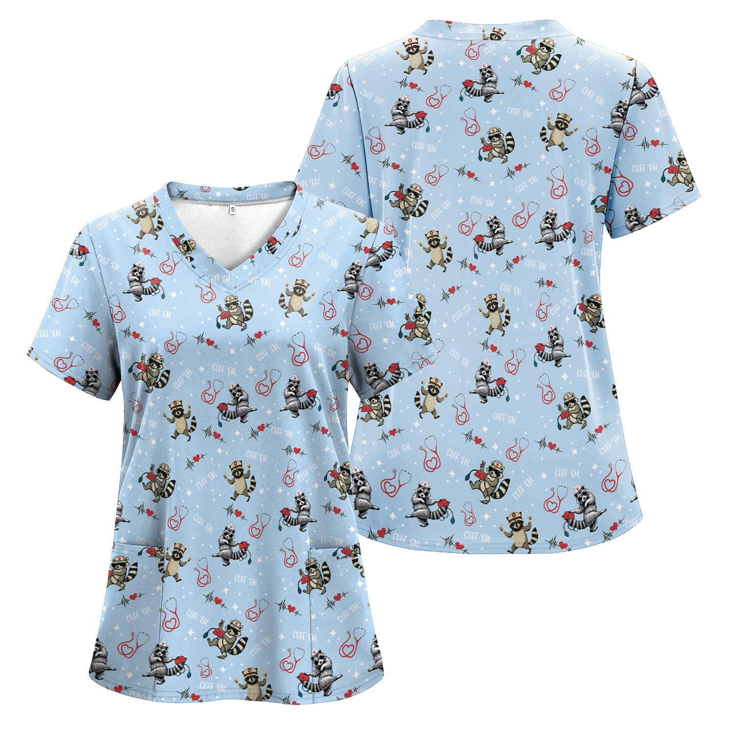 Cuff ‰Û÷Em Raccoon Nurse Shirt - Funny Medical Scrub T-Shirt for CNA EMT LPN - Cute All Over Print Gift for Healthcare Workers
