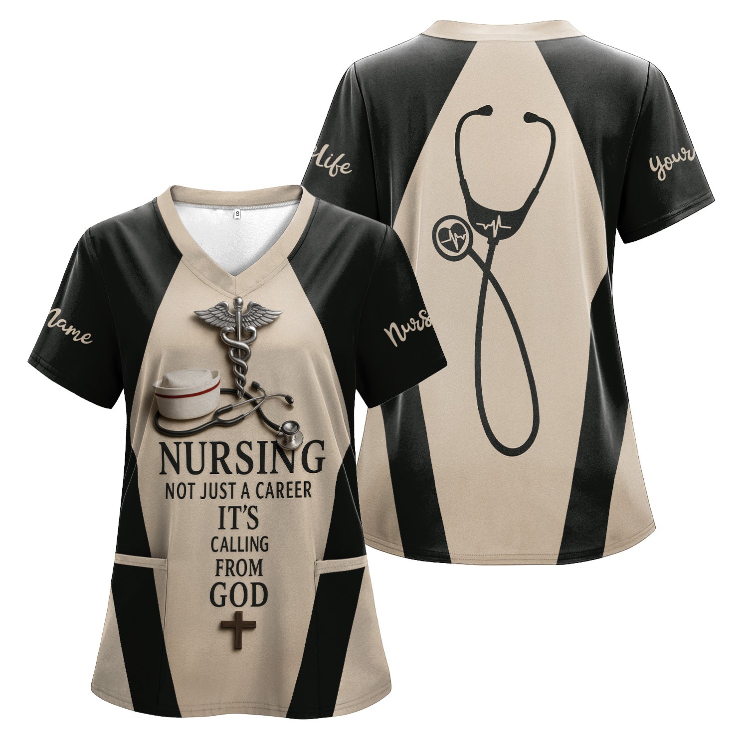 Personalized Nurse Scrubs - Stethoscope & Cross Design - Nursing Is A Calling Shirt for RN CNA LPN Healthcare Workers