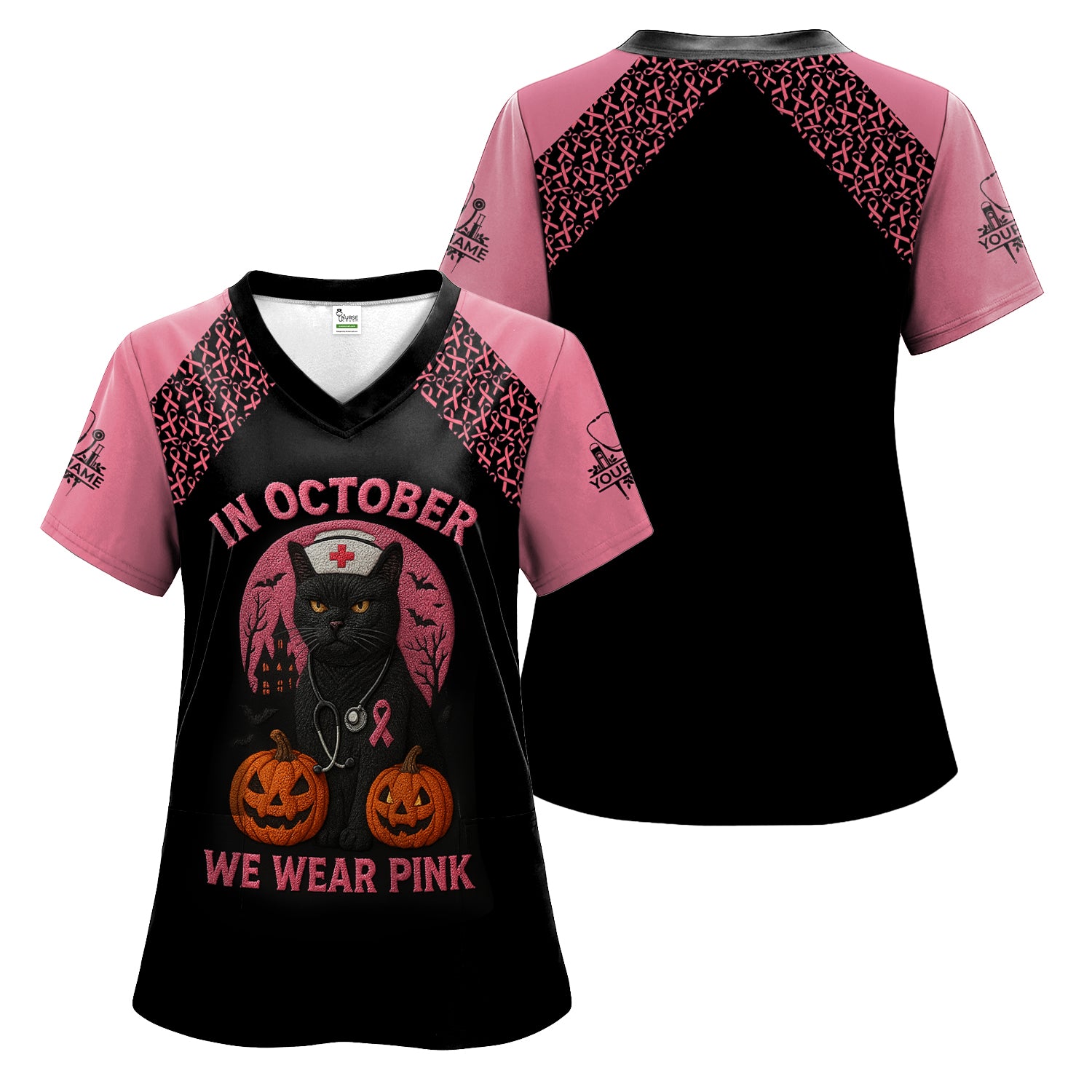 Custom Breast Cancer Awareness Nurse Shirt - In October We Wear Pink Halloween Cat Tee - CNA RN LPN Nursing Apparel Gift