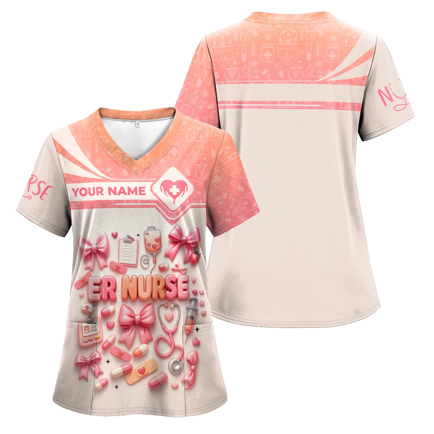 Personalized ER Nurse Scrub Shirt with Name - Cute All Over Print Medical Uniform - Funny Gift for Emergency Room Nurses