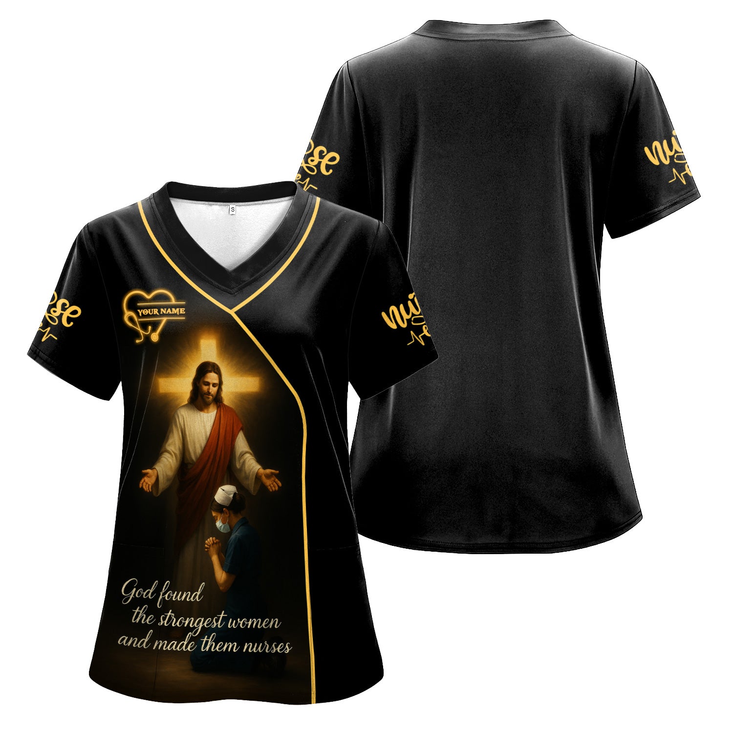 God Found the Strongest Women Nurse Shirt - Christian Faith Scrub Top for RN CNA - Custom Name Spiritual Medical Uniform Gift