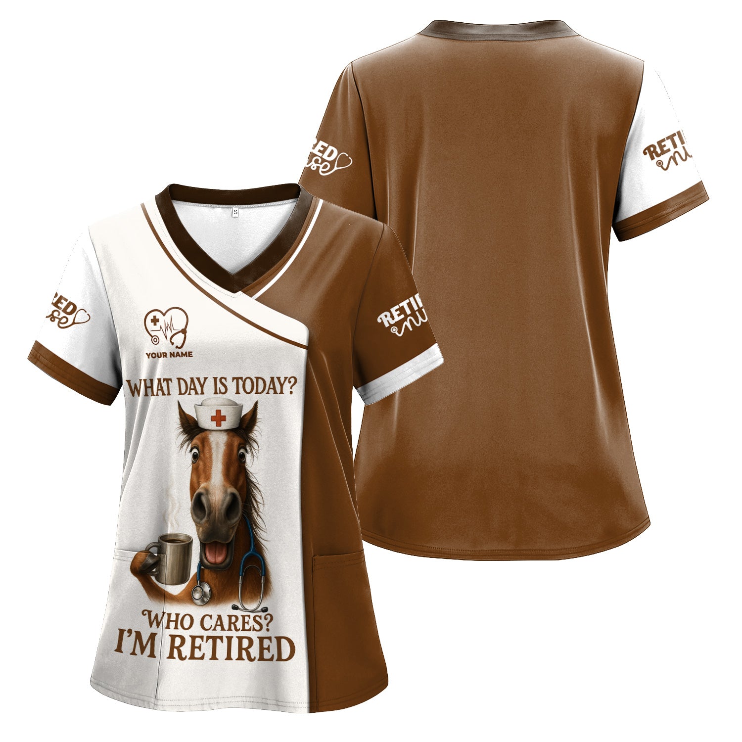 Funny Scrubs Top for Retired Nurse - Horse Design with Coffee Mug Quote - RN LPN Medical Staff Retirement Gift