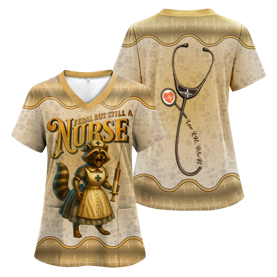 Custom Funny Nurse Scrub Top - Feral But Still A Nurse Sarcastic Raccoon Quote - Gift for Women RN, LPN, CNA