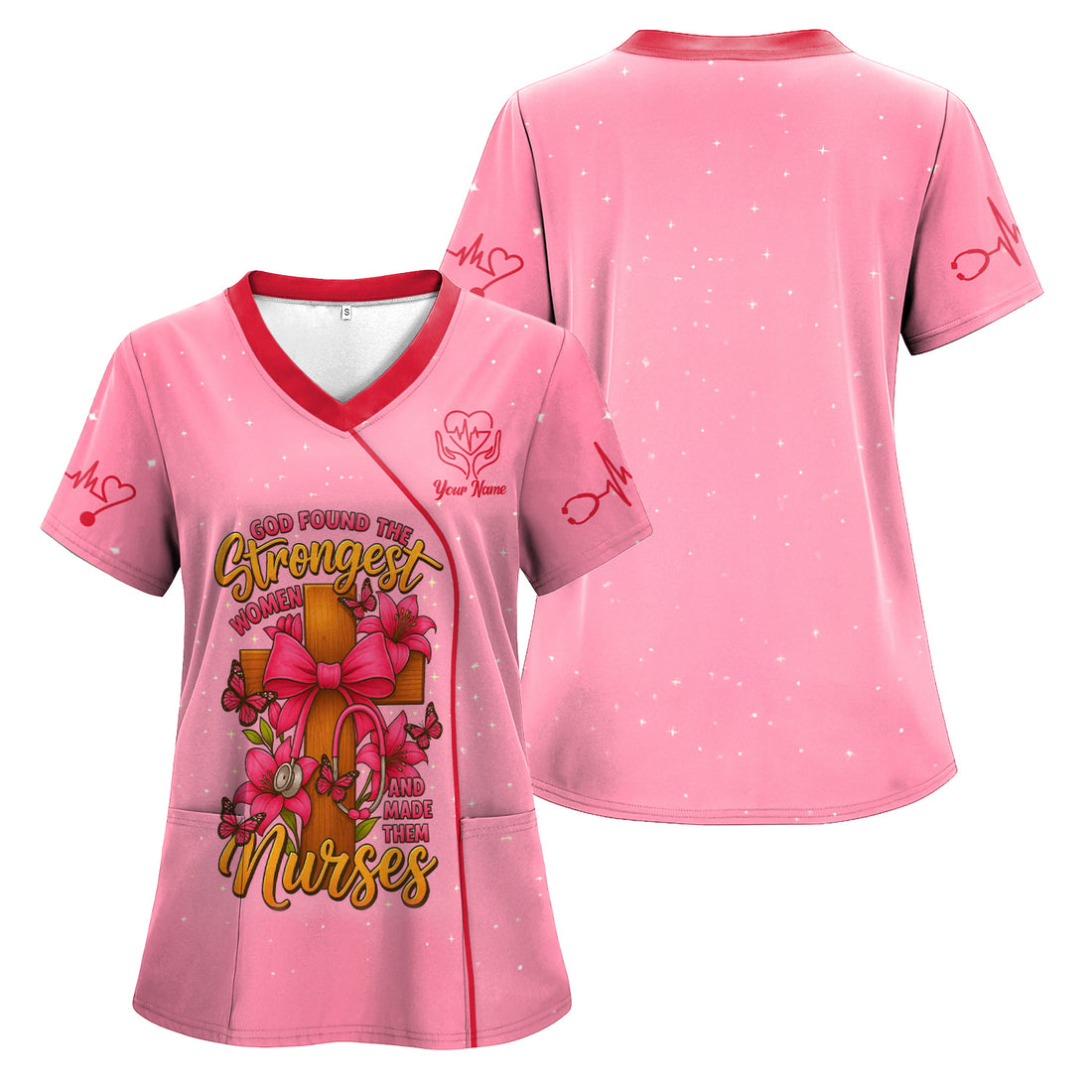 Custom Faith Nurse Scrub Top - Wooden Cross with Lily & Butterfly Design - Gift for Women RN LPN & Healthcare Workers