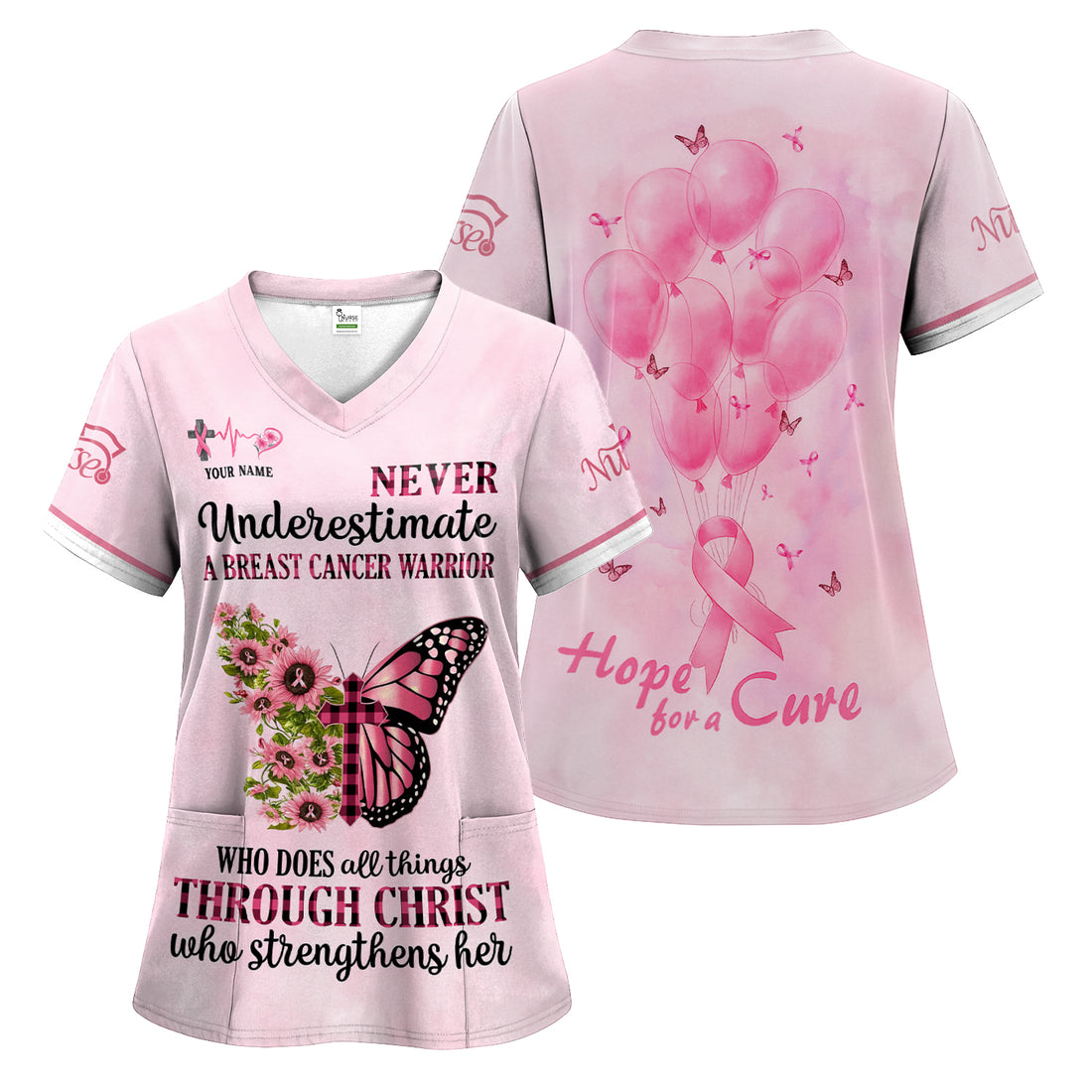 Custom Christian Breast Cancer Awareness Scrub - Hope For A Cure Quote - Gift for Women RN LPN CNA