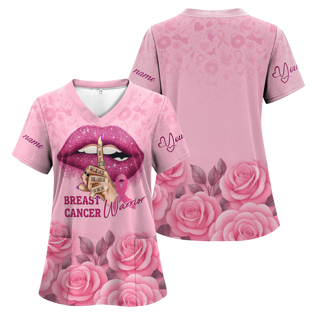 Custom Breast Cancer Awareness Floral Scrub - Pink Ribbon & Rose Pattern Graphic - Gift for RN LPN CNA