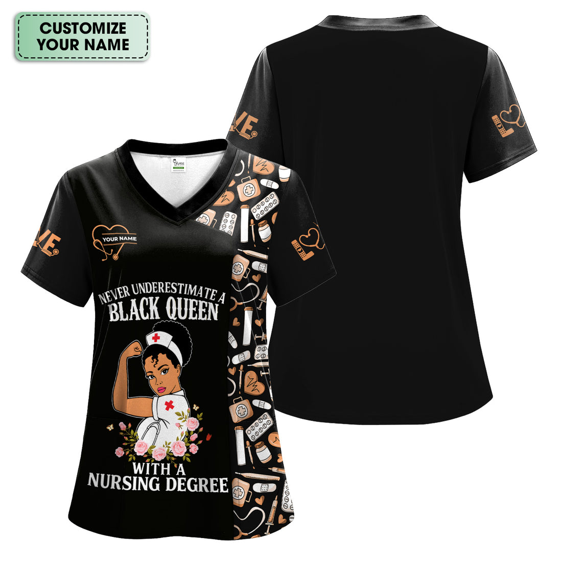Personalized Nurse Scrub Top for Women - Black Queen With A Nursing Degree - RN LPN CNA Healthcare Workers Gift