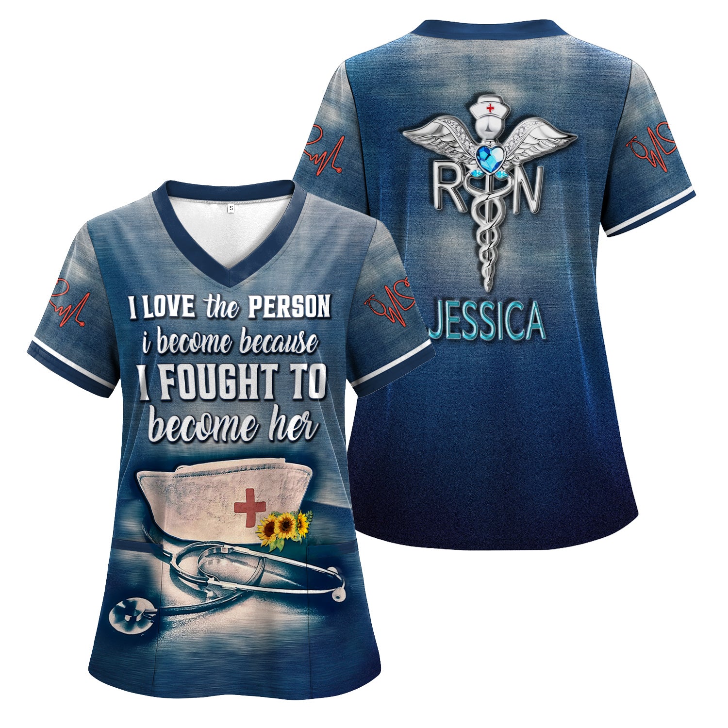 Personalized Nurse Scrub Top for Women - I Love the Person I Become Quote - Gift for Nurse RN CNA Appreciation