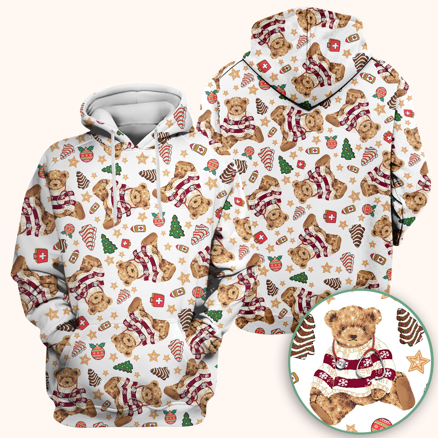 Christmas Teddy Bear Scrub Top for Nurses - Cozy Holiday Pattern with Cute Bear and Medical Icons - Festive Scrubs for Women