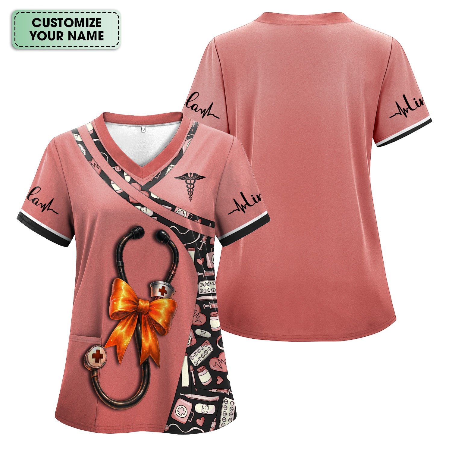 Personalized Halloween Nurse Shirt for Women - Stethoscope Scrub Top with Bow Design - Custom Name RN LPN CNA Gift