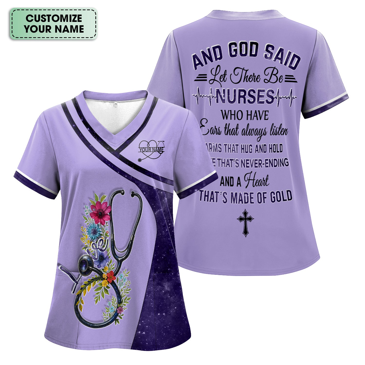 Custom Nurse Love T-Shirt - Floral Stethoscope & Galaxy Design - Personalized Gift for RN LPN CNA Healthcare Professionals