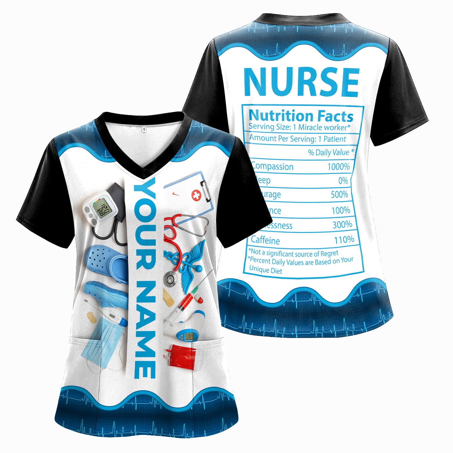 Personalized Nurse Nutrition Facts Shirt - Funny Custom Name RN CNA LPN Tee - Medical Supply Graphic Gift for Women Healthcare Workers Who Are Miracle Workers