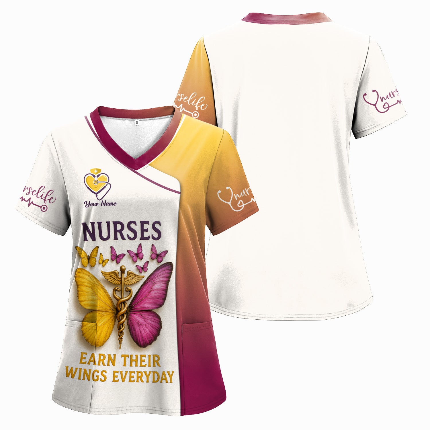 Personalized Butterfly Nurse Shirt - Nurses Earn Their Wings Everyday - Custom RN LPN CNA Uniform Top Gift for Women