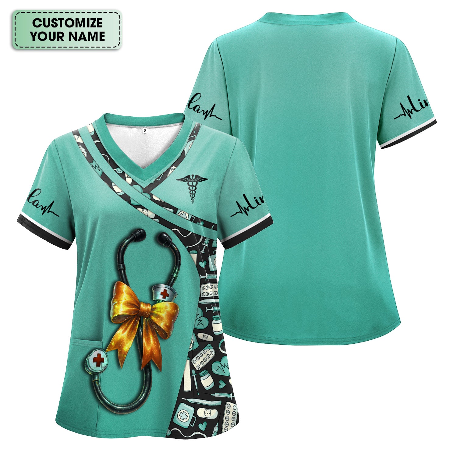 Personalized Halloween Nurse Shirt for Women - Stethoscope Scrub Top with Bow Design - Custom Name RN LPN CNA Gift