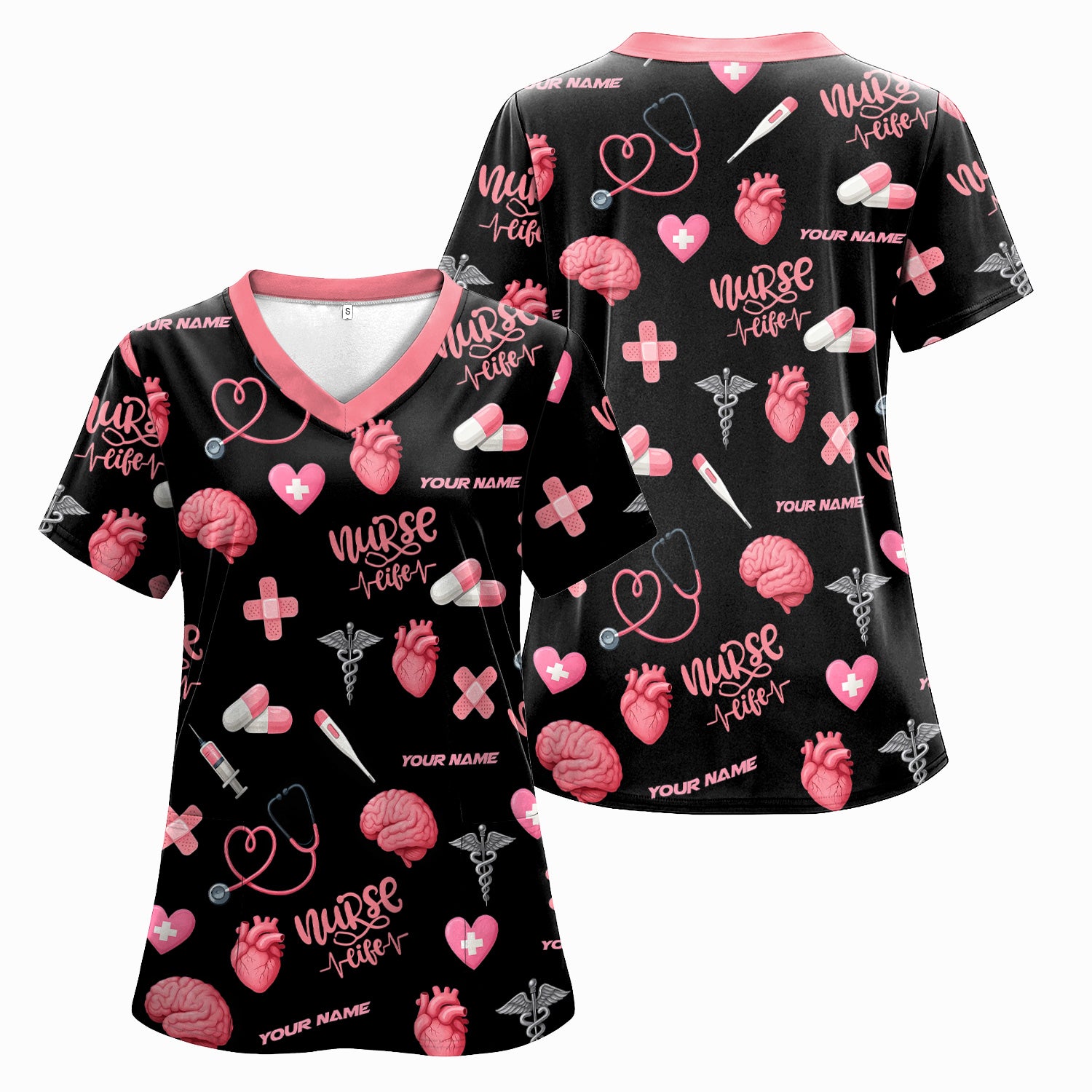Personalized Nurse Life Shirt - Cute Medical Pattern with Heart Brain Pills Stethoscope - Custom Name Gift for RN CNA LPN Women in Healthcare and Nursing Profession