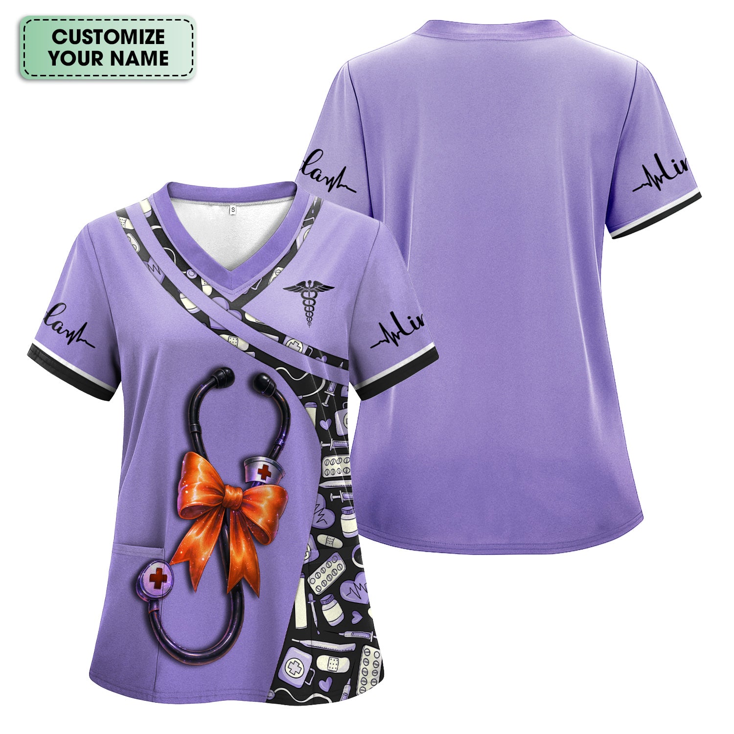 Personalized Halloween Nurse Shirt for Women - Stethoscope Scrub Top with Bow Design - Custom Name RN LPN CNA Gift