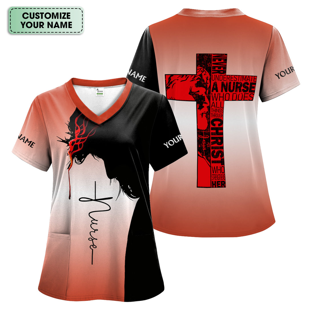 Christian Nurse Scrub with Custom Name - Never Underestimate a Nurse - Gift for RN LPN CNA Nursing Staff