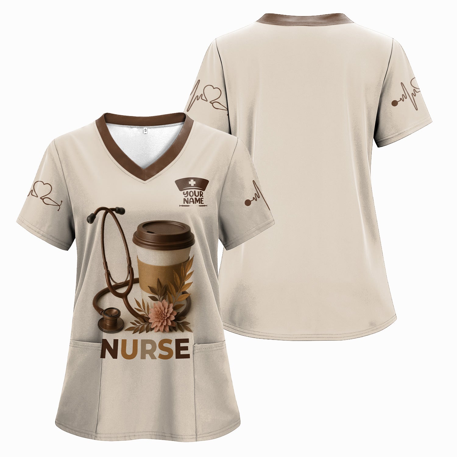 Personalized Coffee Nurse Shirt - Brown Stethoscope Floral Design - Cute Gift for RN LPN CNA Women