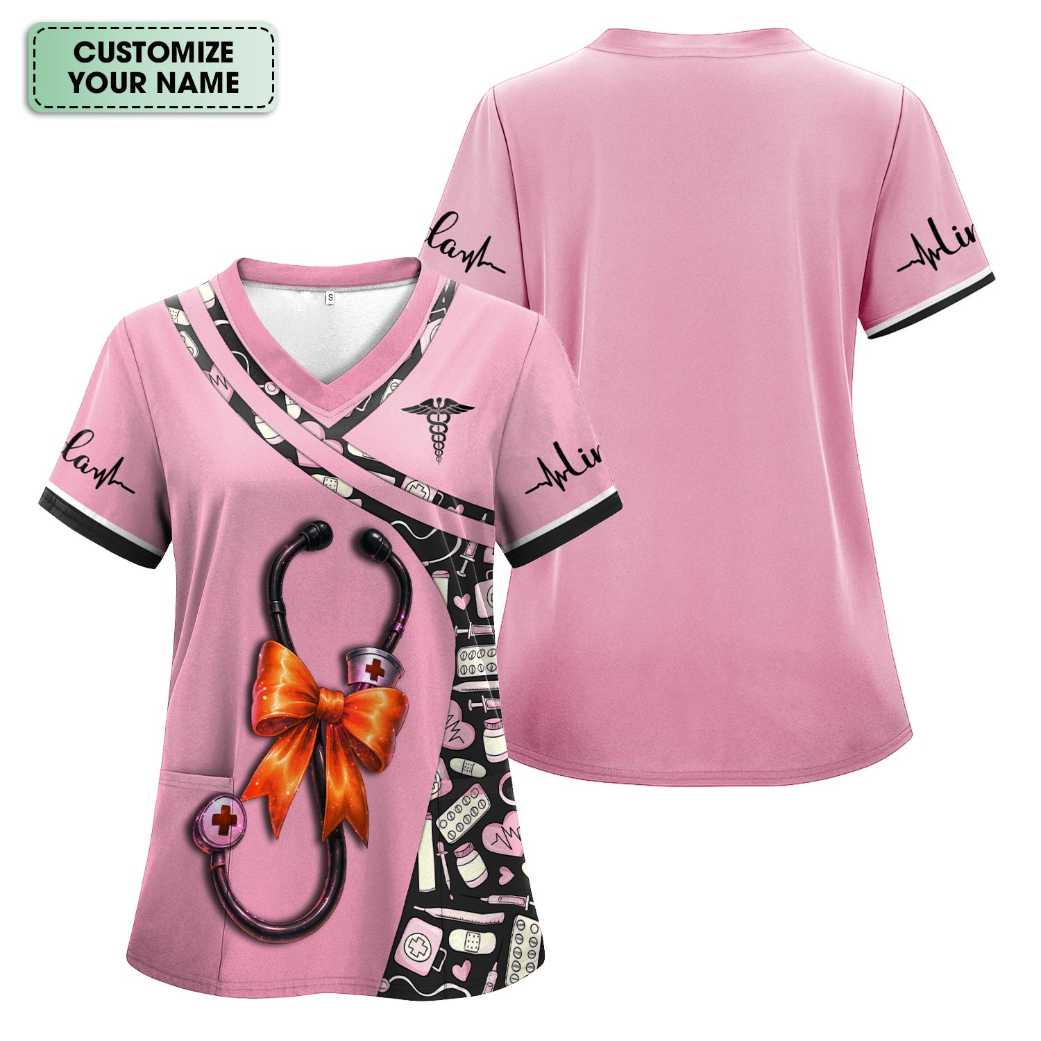 Personalized Halloween Nurse Shirt for Women - Stethoscope Scrub Top with Bow Design - Custom Name RN LPN CNA Gift