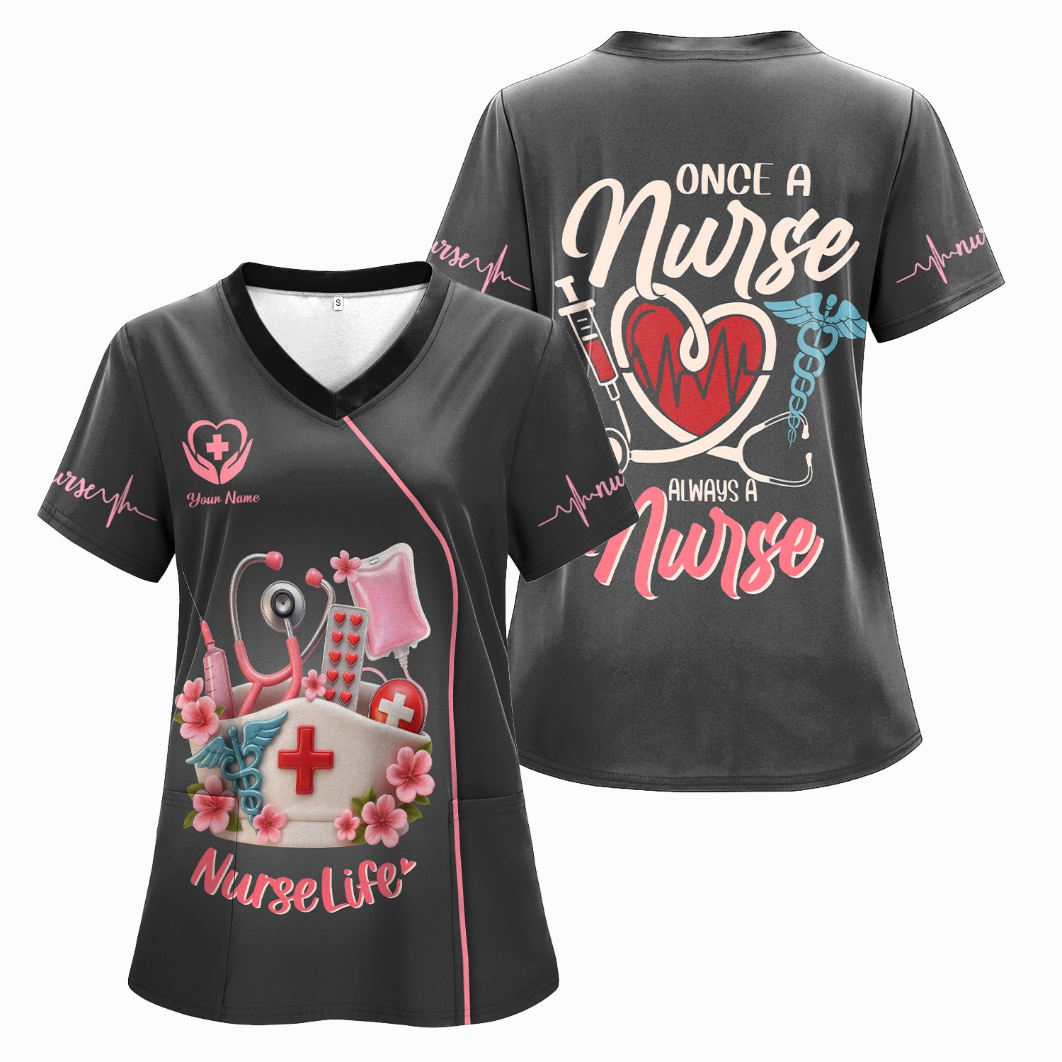 Personalized Nurse Life Shirt - Cute Pink Scrub Top Design with Medical Tools - Gift for RN LPN CNA Women