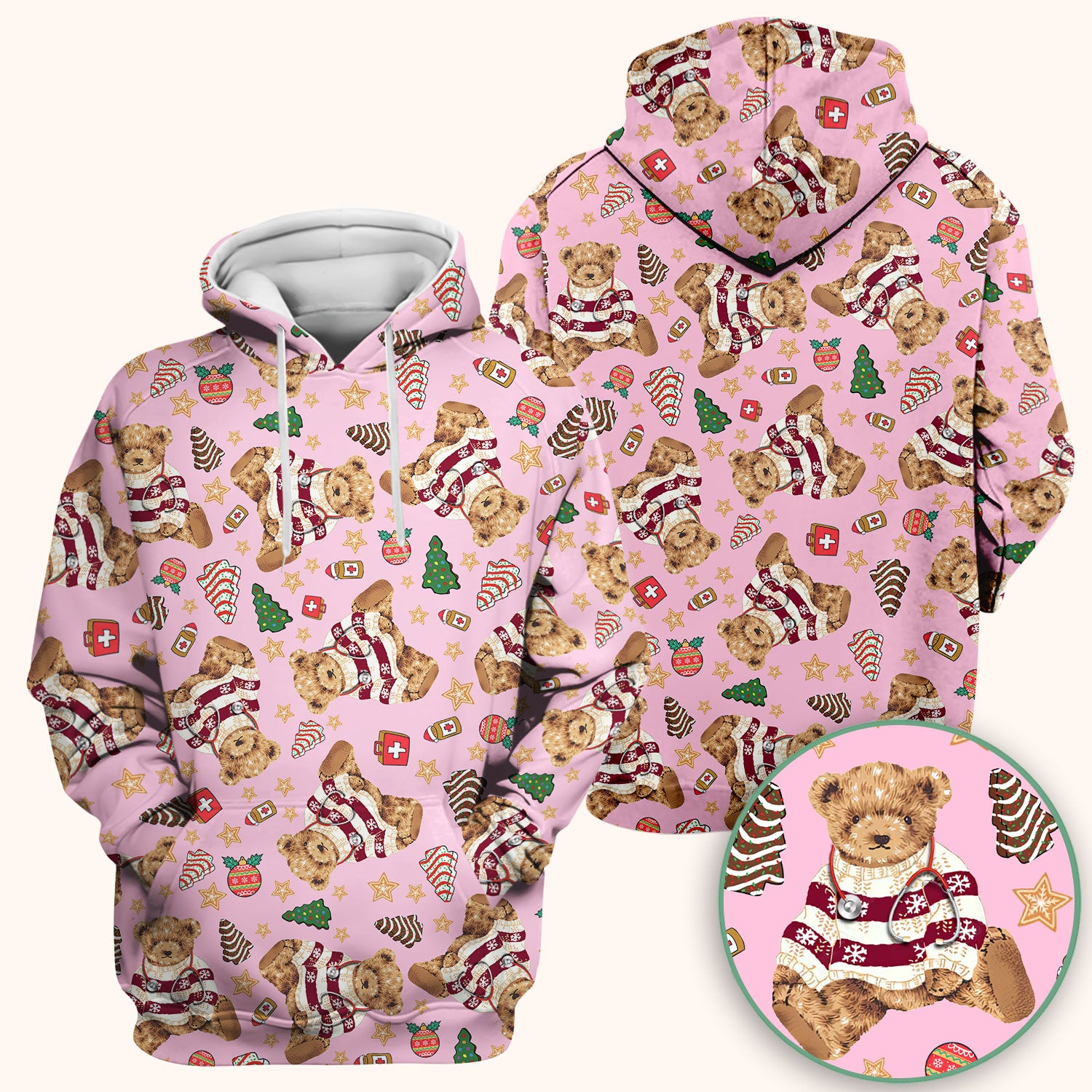 Christmas Teddy Bear Scrub Top for Nurses - Cozy Holiday Pattern with Cute Bear and Medical Icons - Festive Scrubs for Women