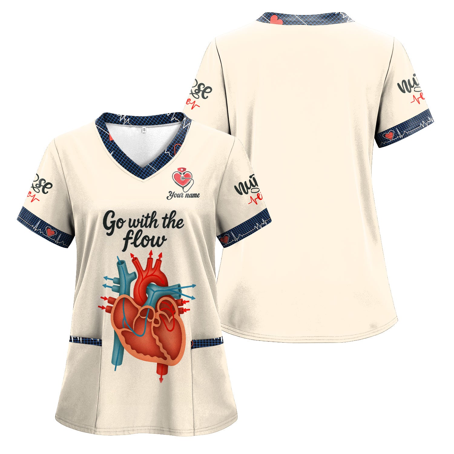 Go With The Flow Nurse Medical Scrub Shirt - Custom Funny Heart Anatomy Design for RN LPN CNA - Gift for Healthcare Workers