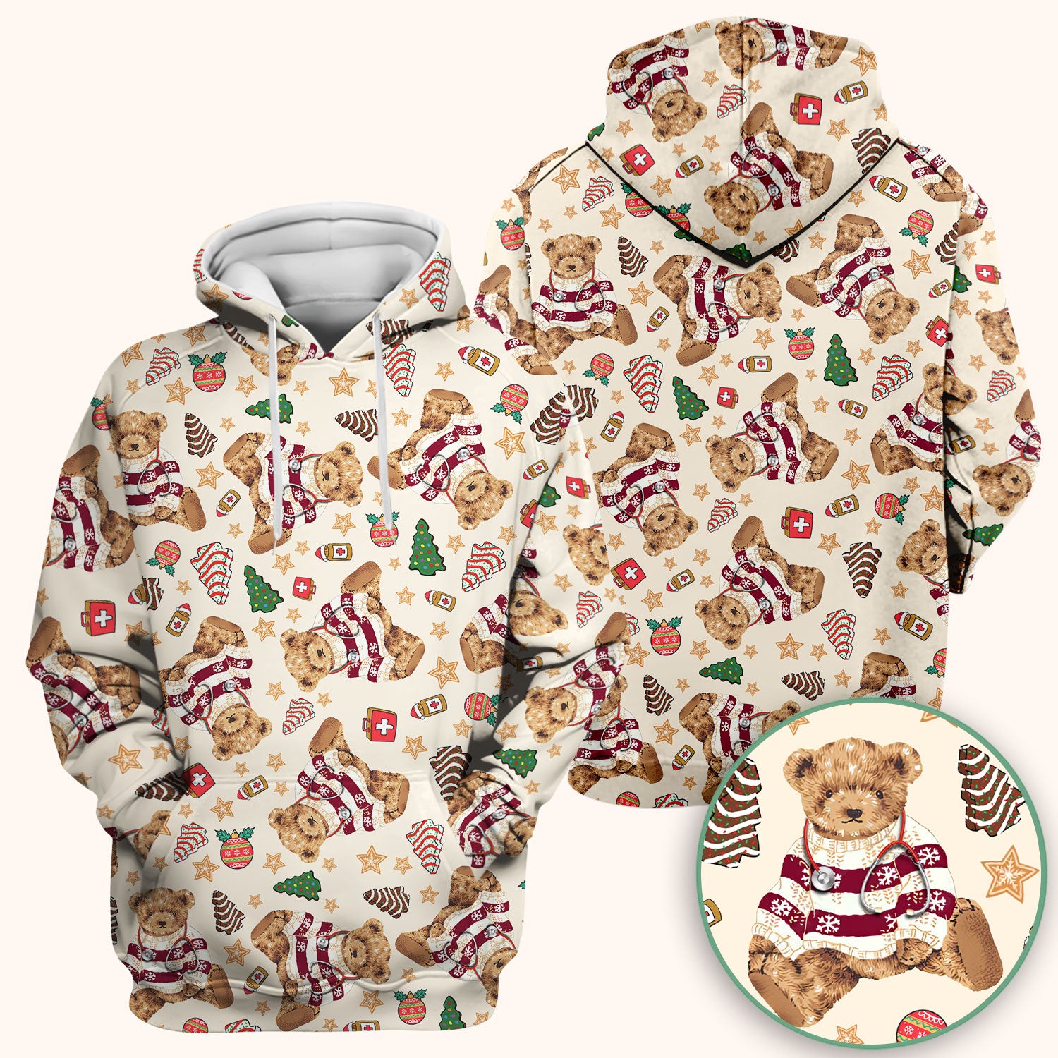 Christmas Teddy Bear Scrub Top for Nurses - Cozy Holiday Pattern with Cute Bear and Medical Icons - Festive Scrubs for Women