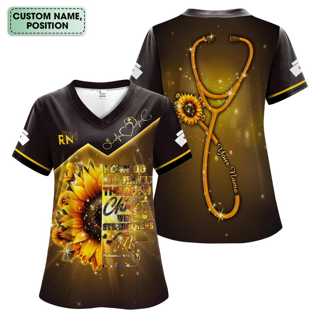 Custom Faith Nurse Scrub Top - All Things Through Christ Bible Verse - Christian Nurses RN LPN CNA Gift